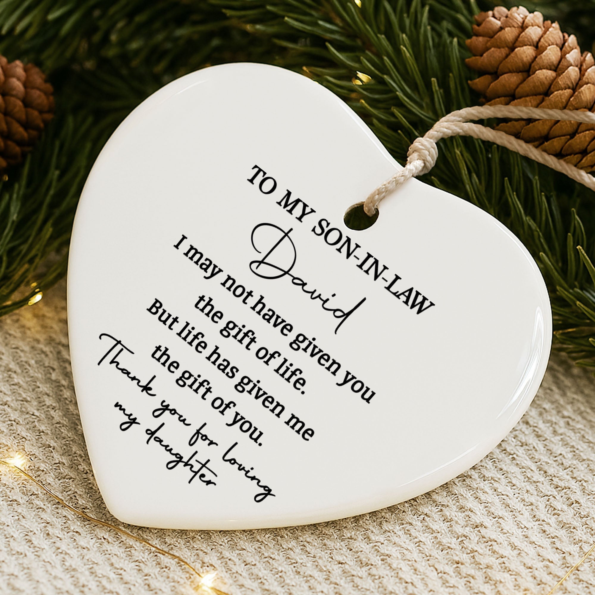 Personalized Heart-Shaped Ceramic Ornament Gift for Son-in-Law