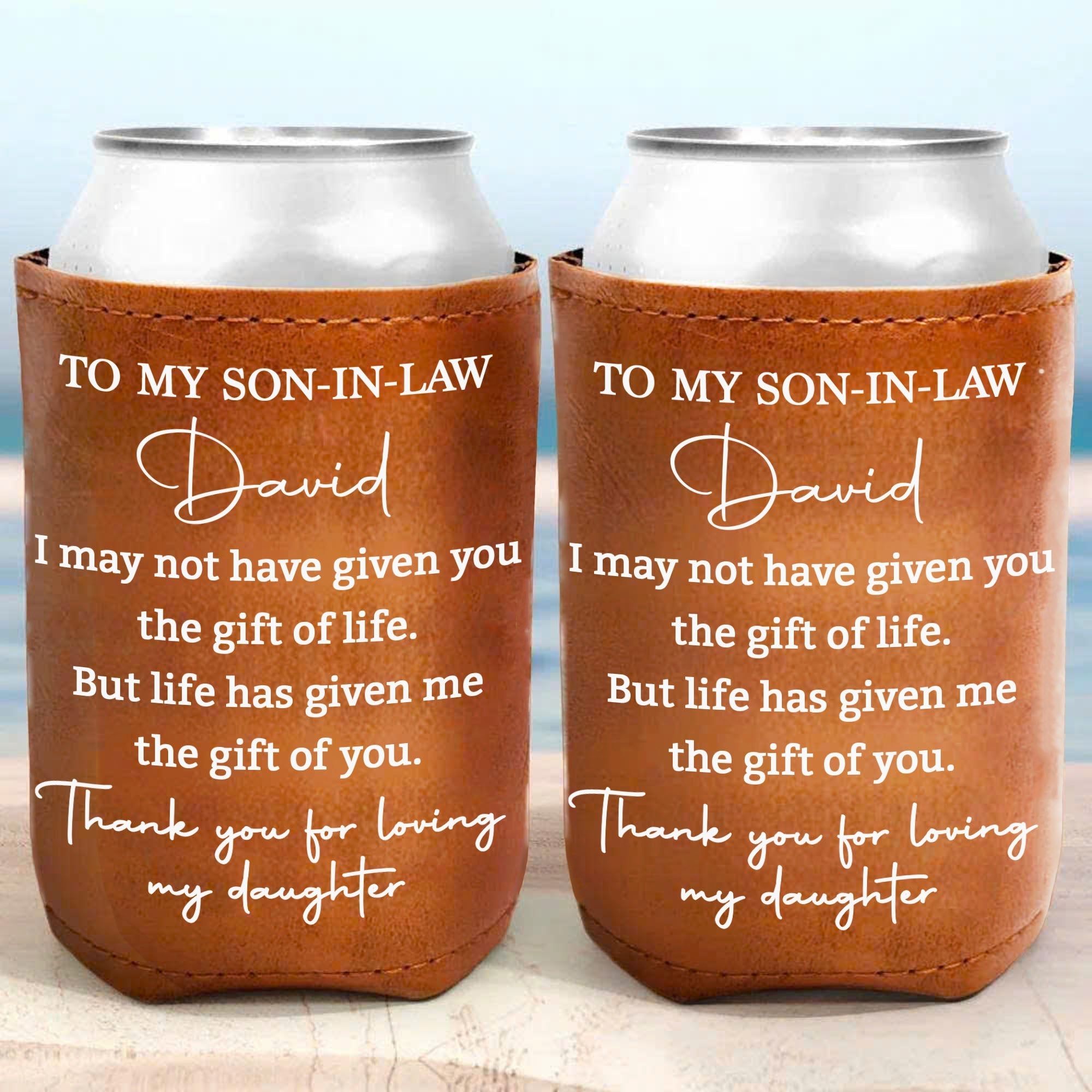 Personalized Leather Can Cooler Custom Gift for Son-in-Law