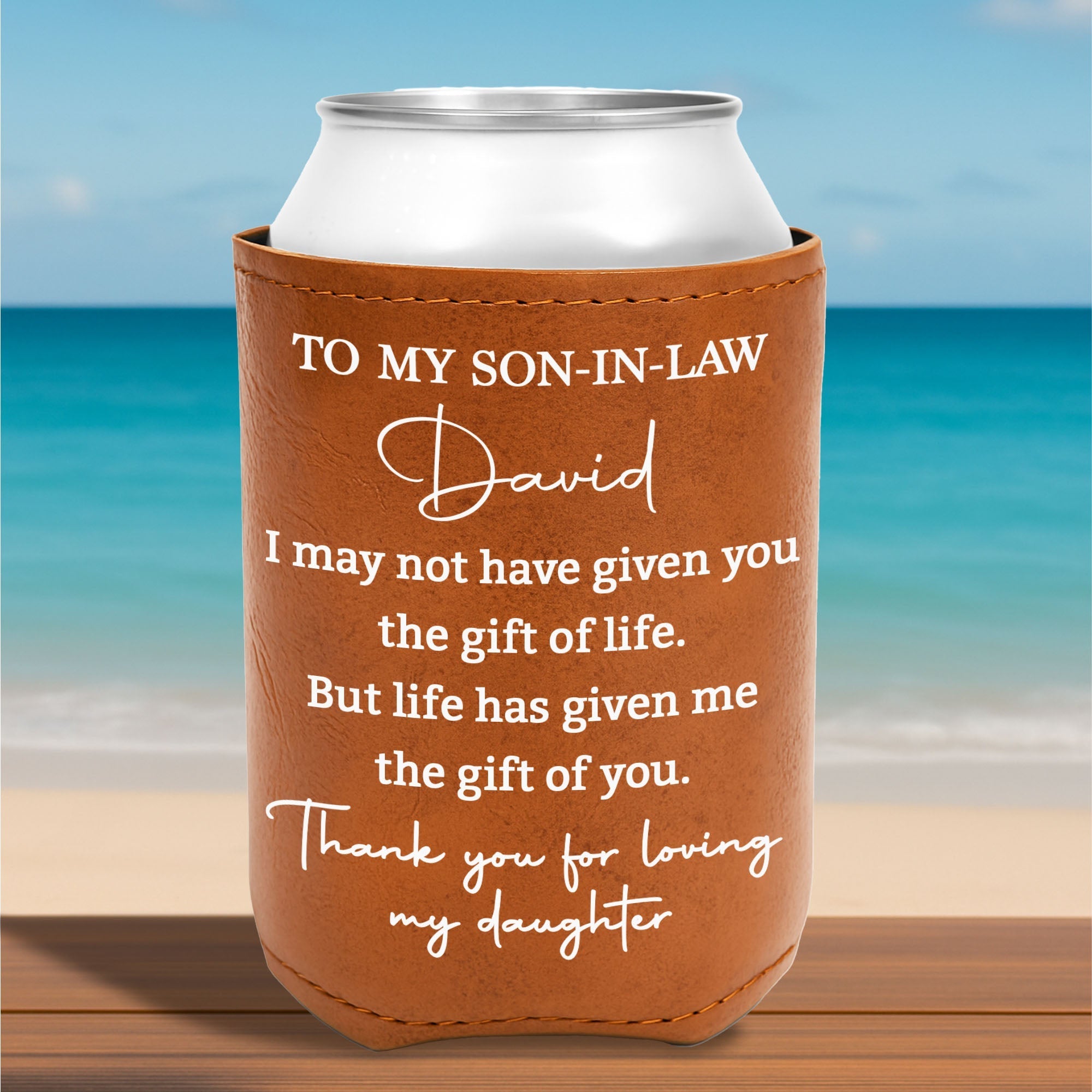 Personalized Leather Can Cooler Custom Gift for Son-in-Law