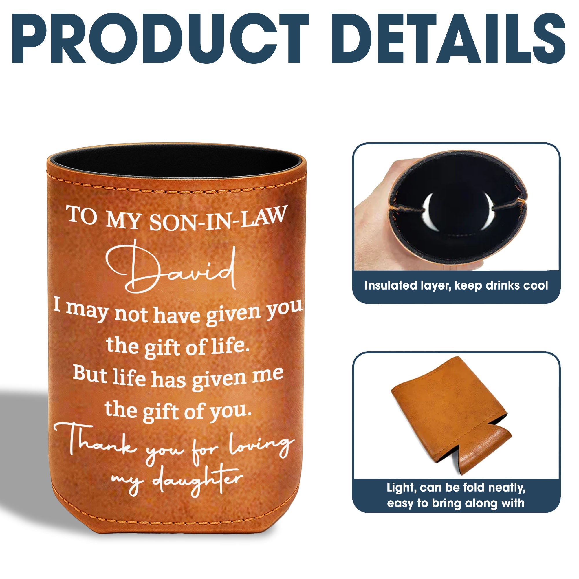 Personalized Leather Can Cooler Custom Gift for Son-in-Law