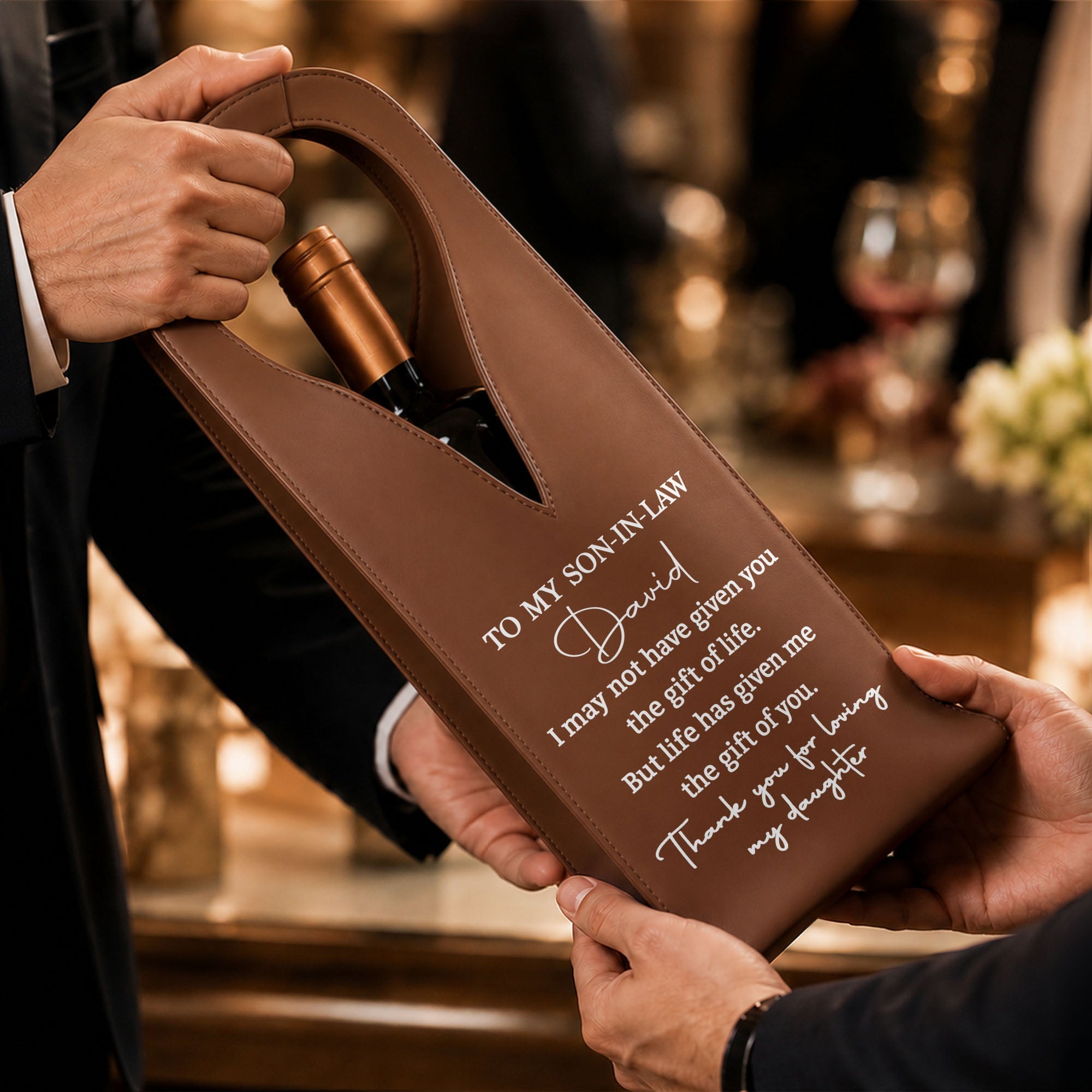 Personalized Leather Wine Bag Custom Gift for Son-in-Law