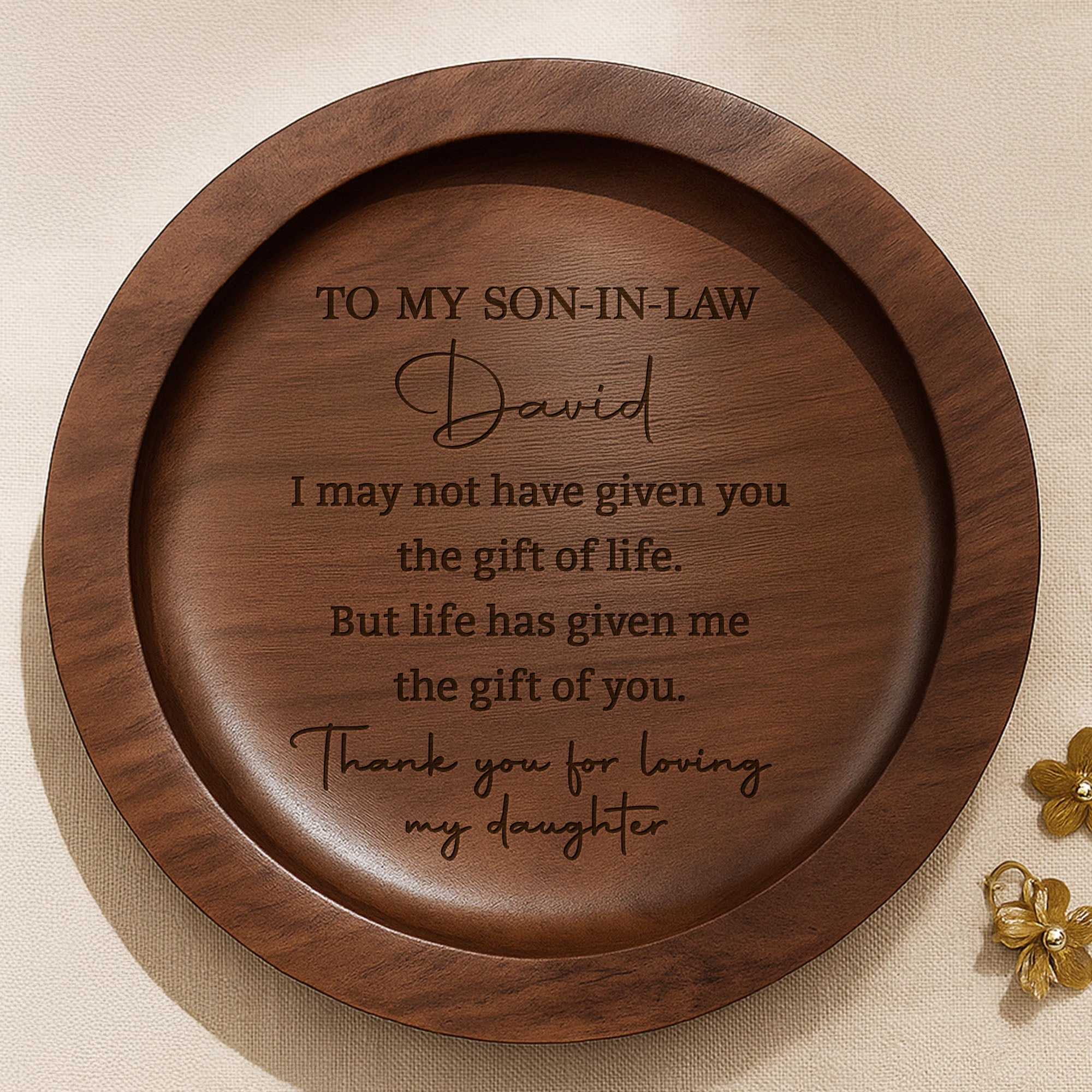 Personalized Round Walnut Wood Ring Dish Custom Name for Son-In-Law