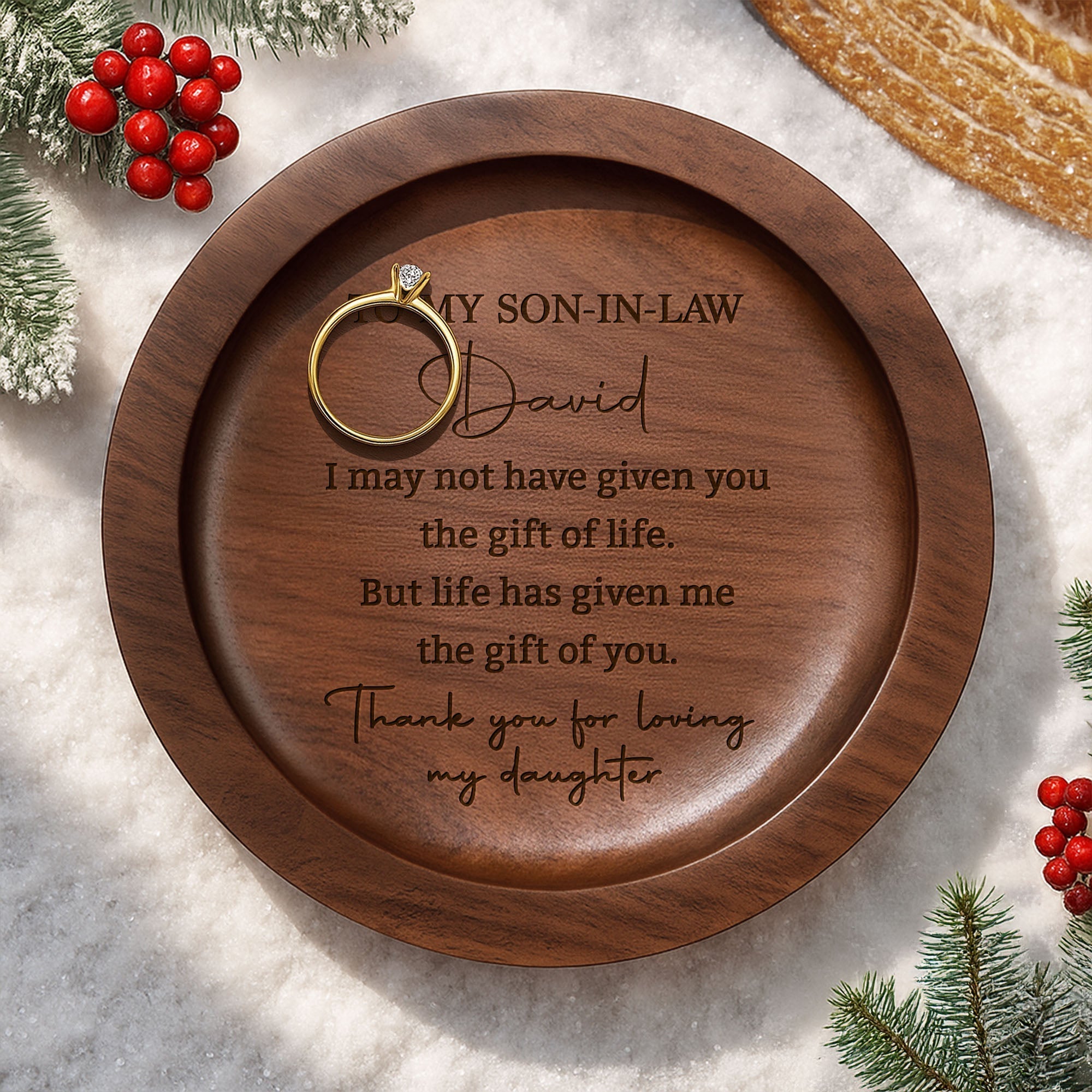 Personalized Round Walnut Wood Ring Dish Custom Name for Son-In-Law