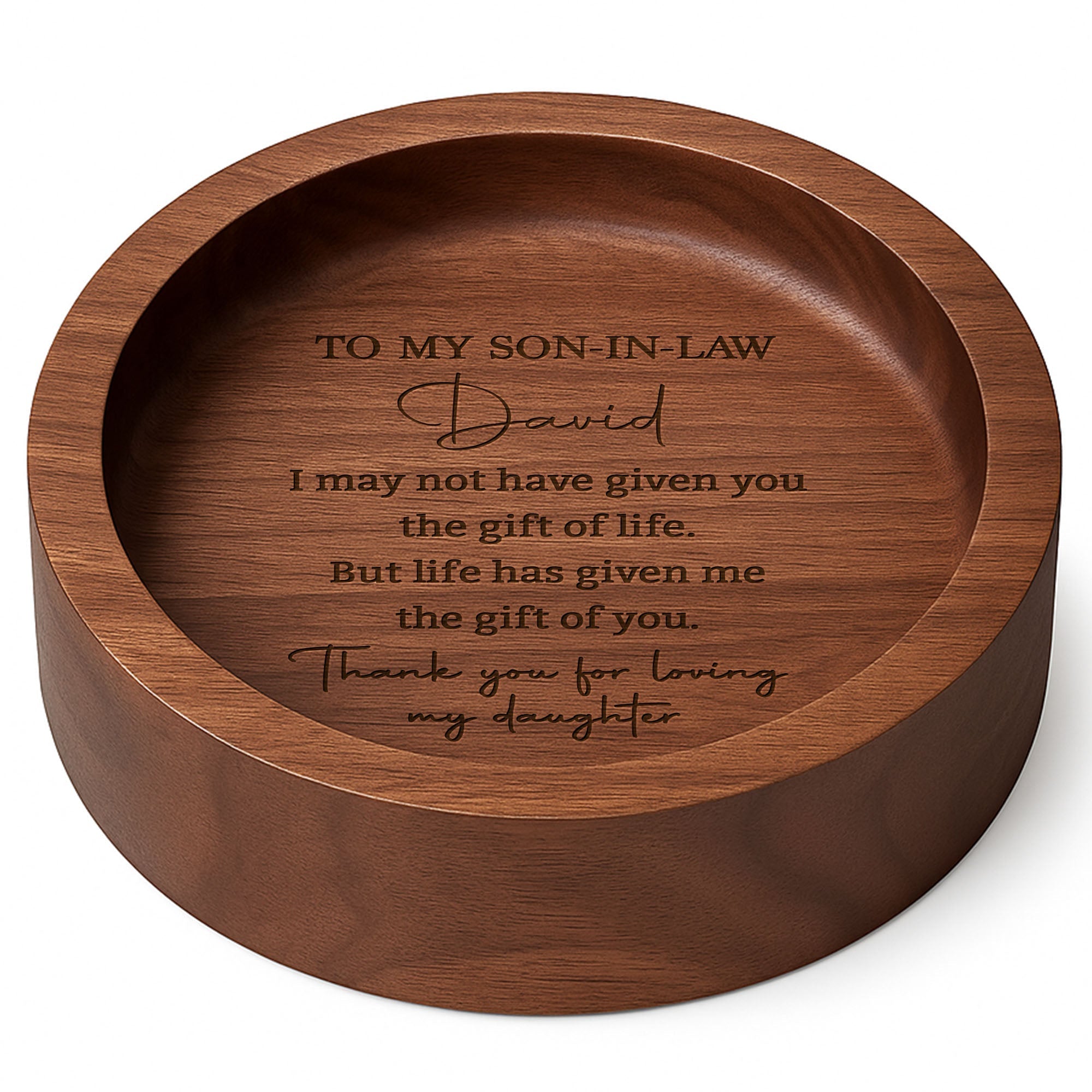 Personalized Round Walnut Wood Ring Dish Custom Name for Son-In-Law