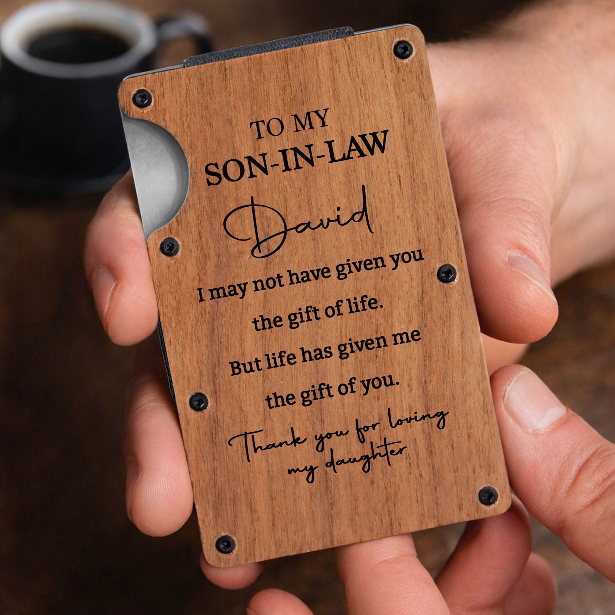 Personalized Walnut Card Holder Custom Engraved Gift for Son-in-Law