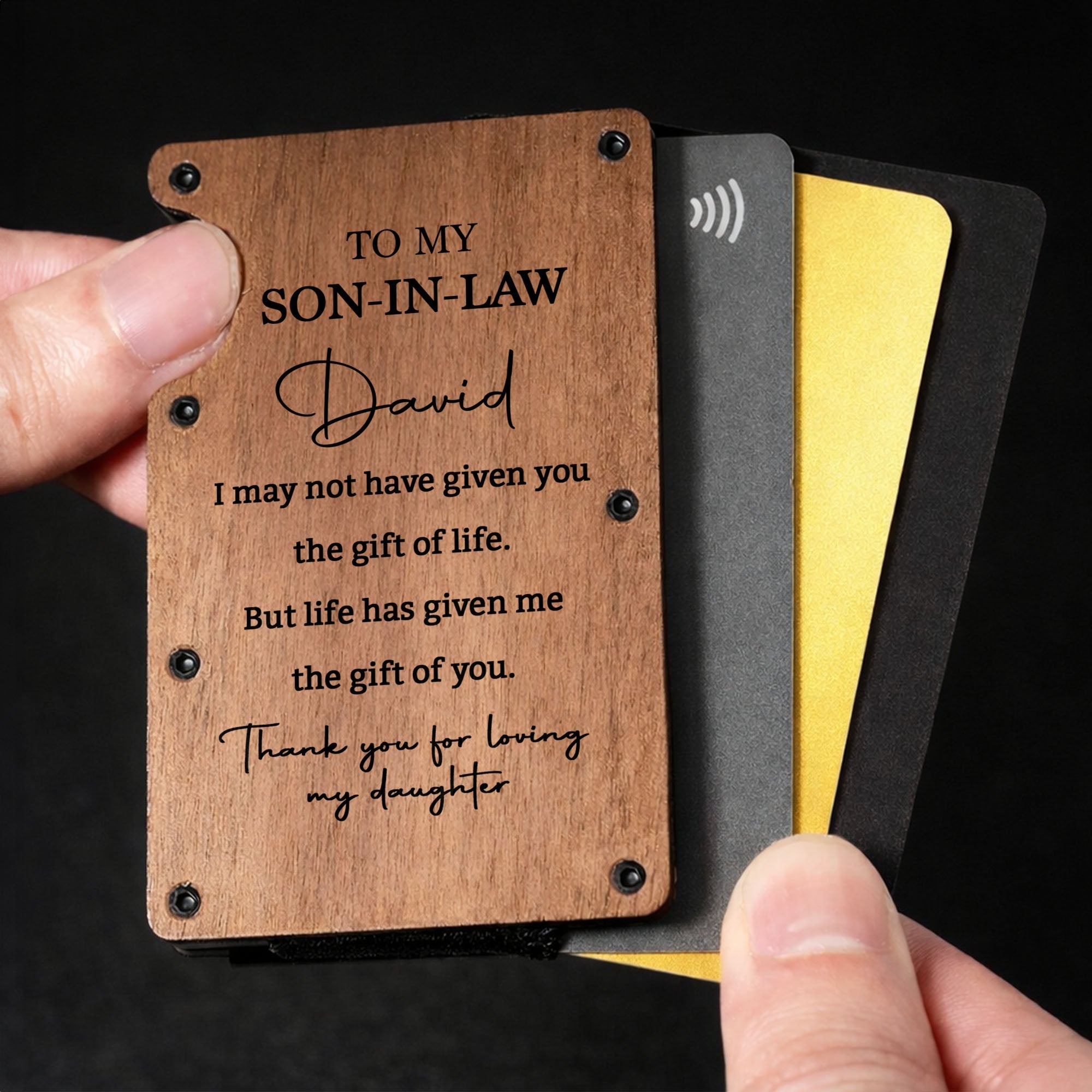 Personalized Walnut Card Holder Custom Engraved Gift for Son-in-Law