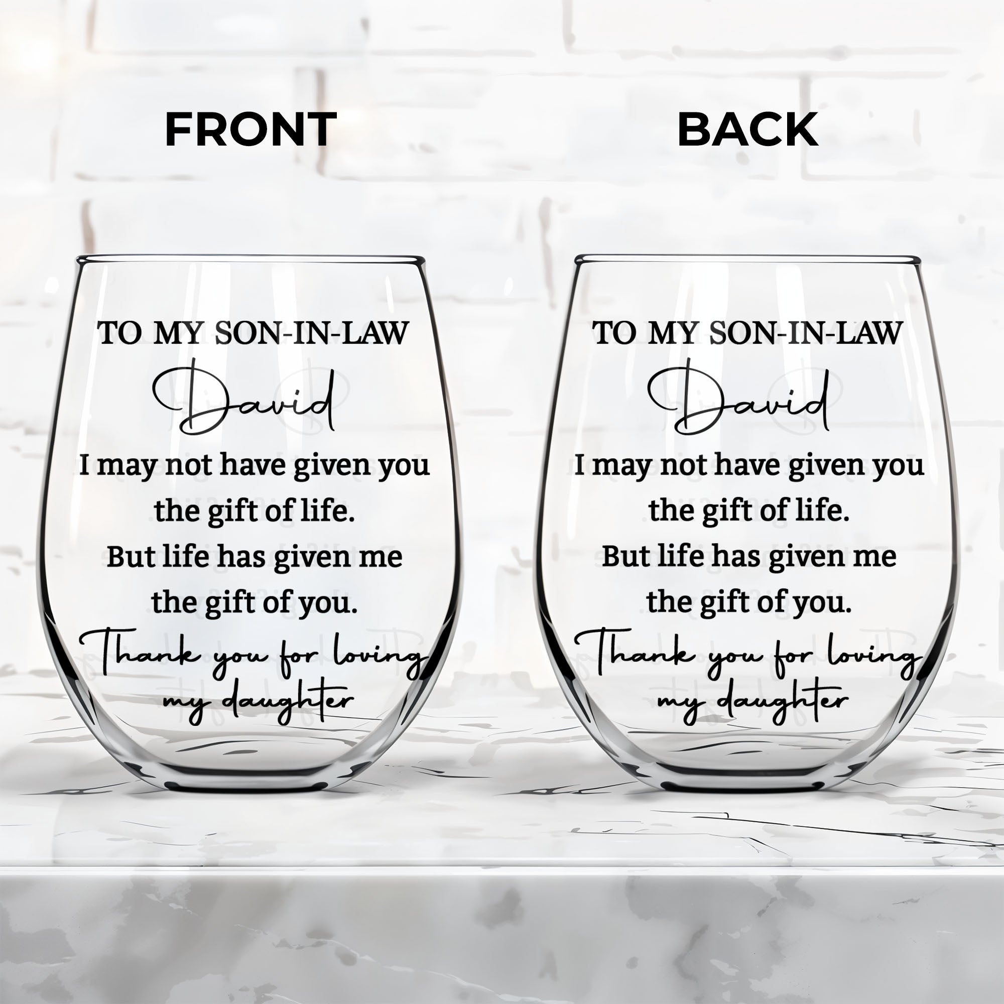Personalized Stemless Wine Glass for Son-In-Law Gift Idea