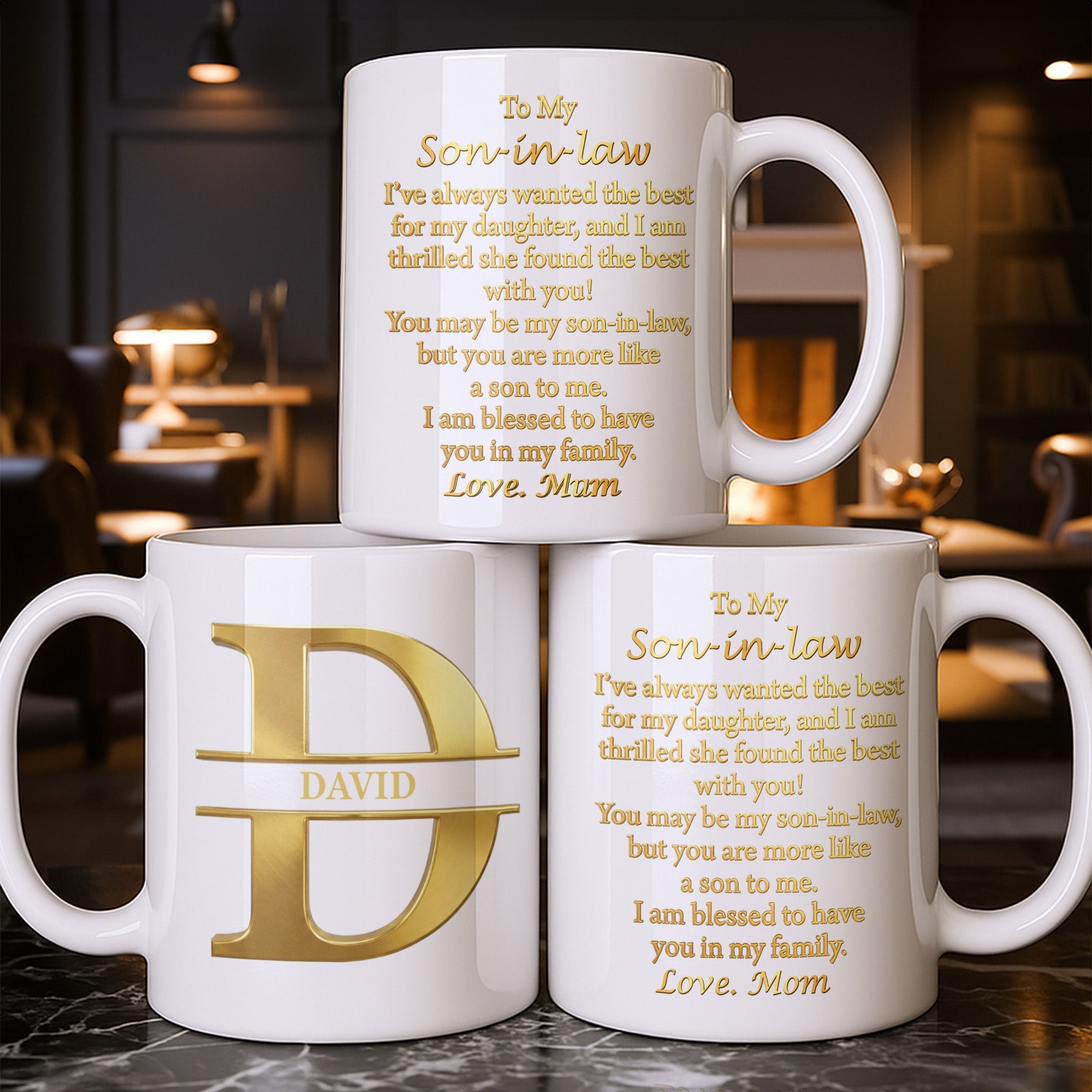 Personalized Gold Monogram Coffee Mug Gift for Son-in-Law