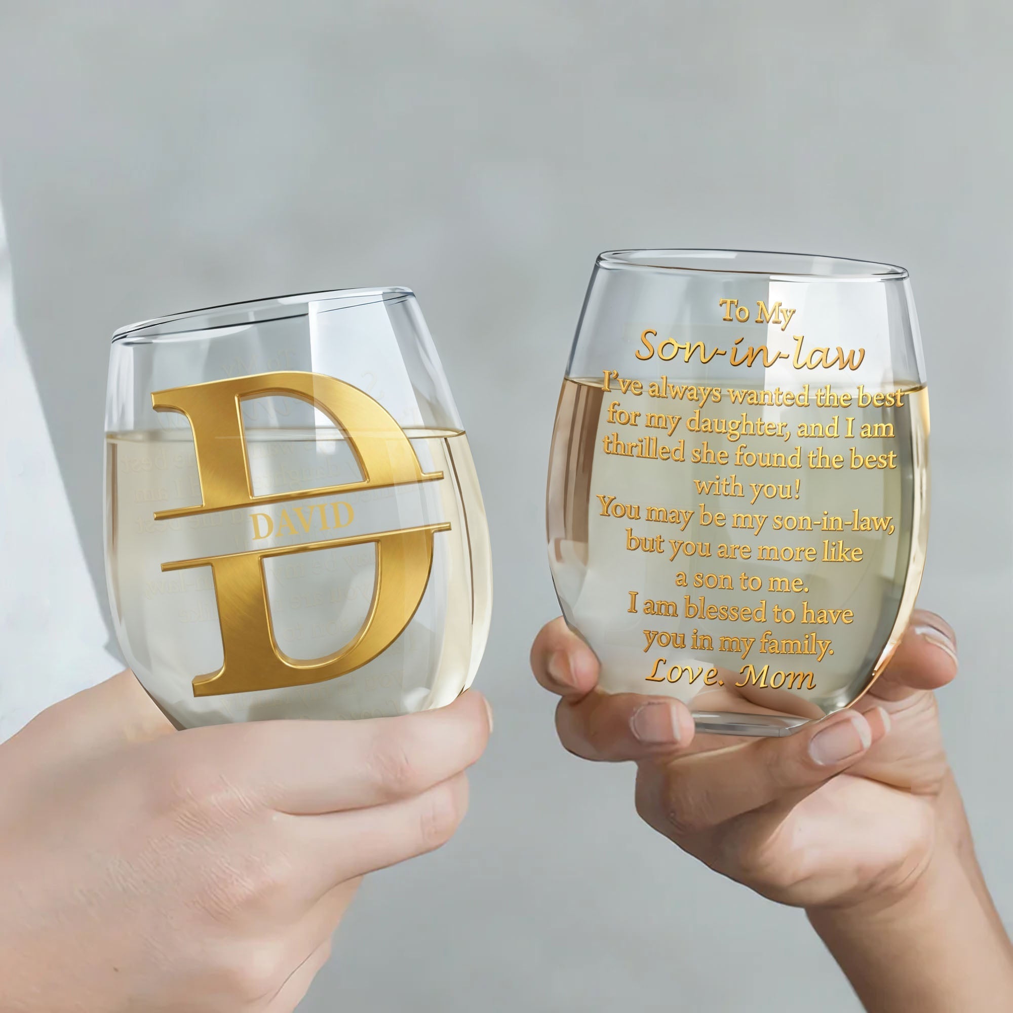 Personalized Stemless Wine Glass Custom Name Gift for Son-in-Law