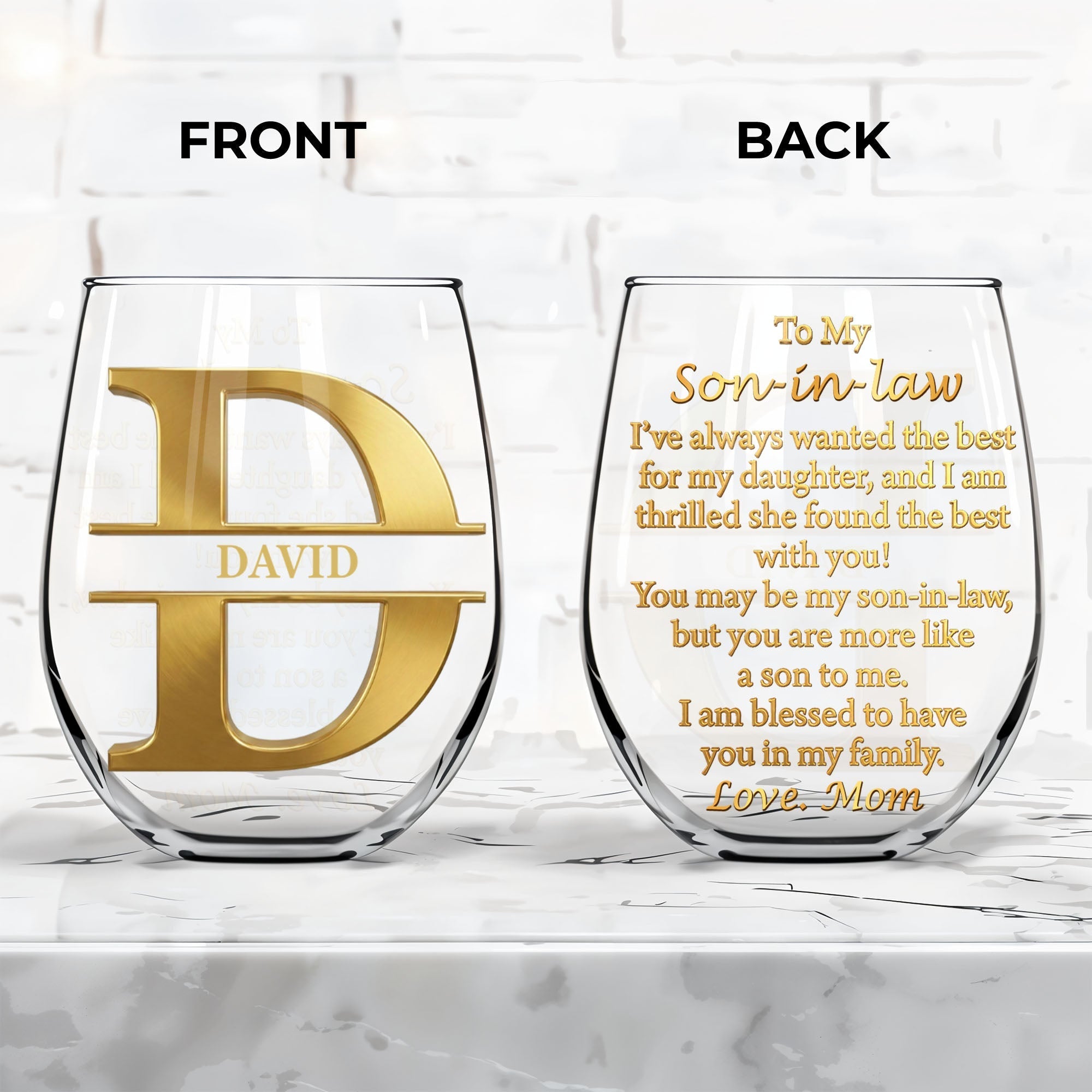 Personalized Stemless Wine Glass Custom Name Gift for Son-in-Law