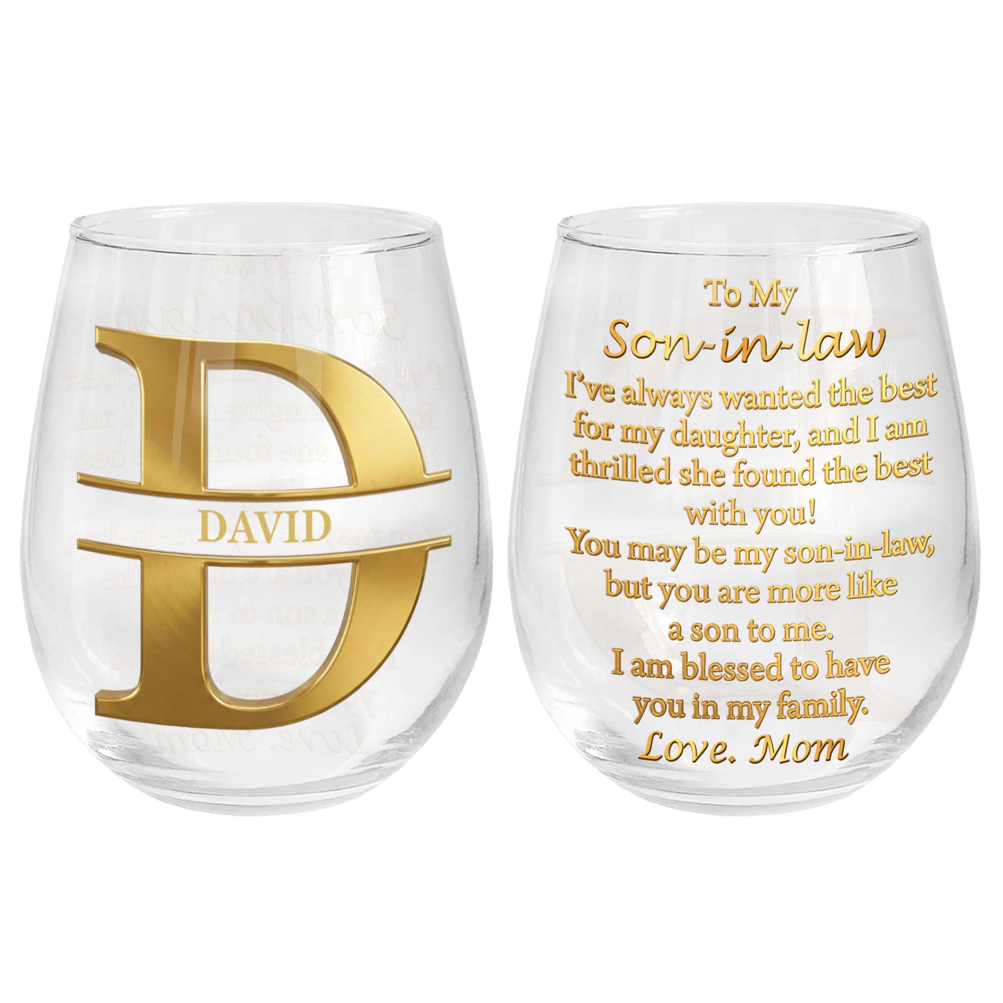 Personalized Stemless Wine Glass Custom Name Gift for Son-in-Law