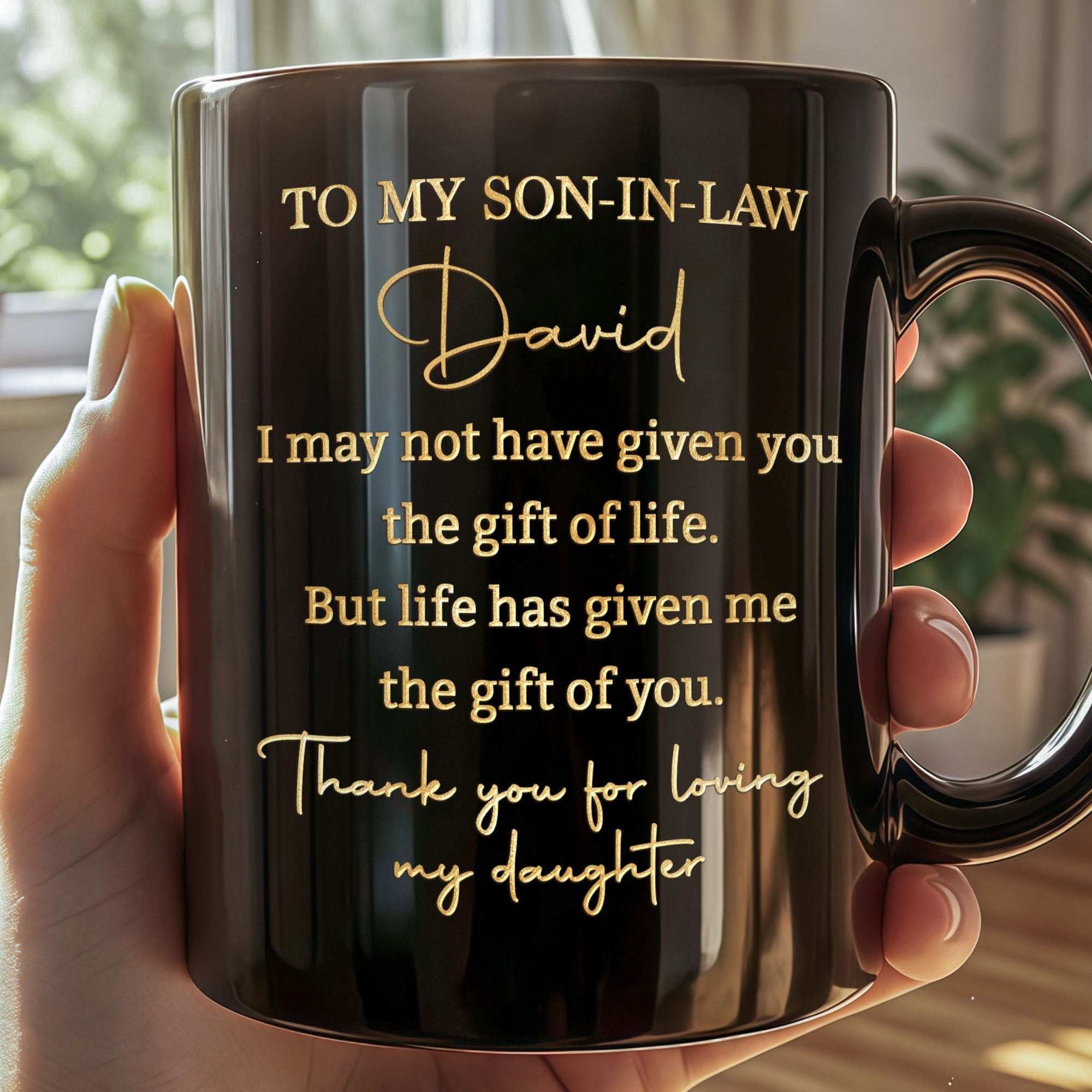 Personalized Black Mug Custom Quote Gift for Son-in-Law