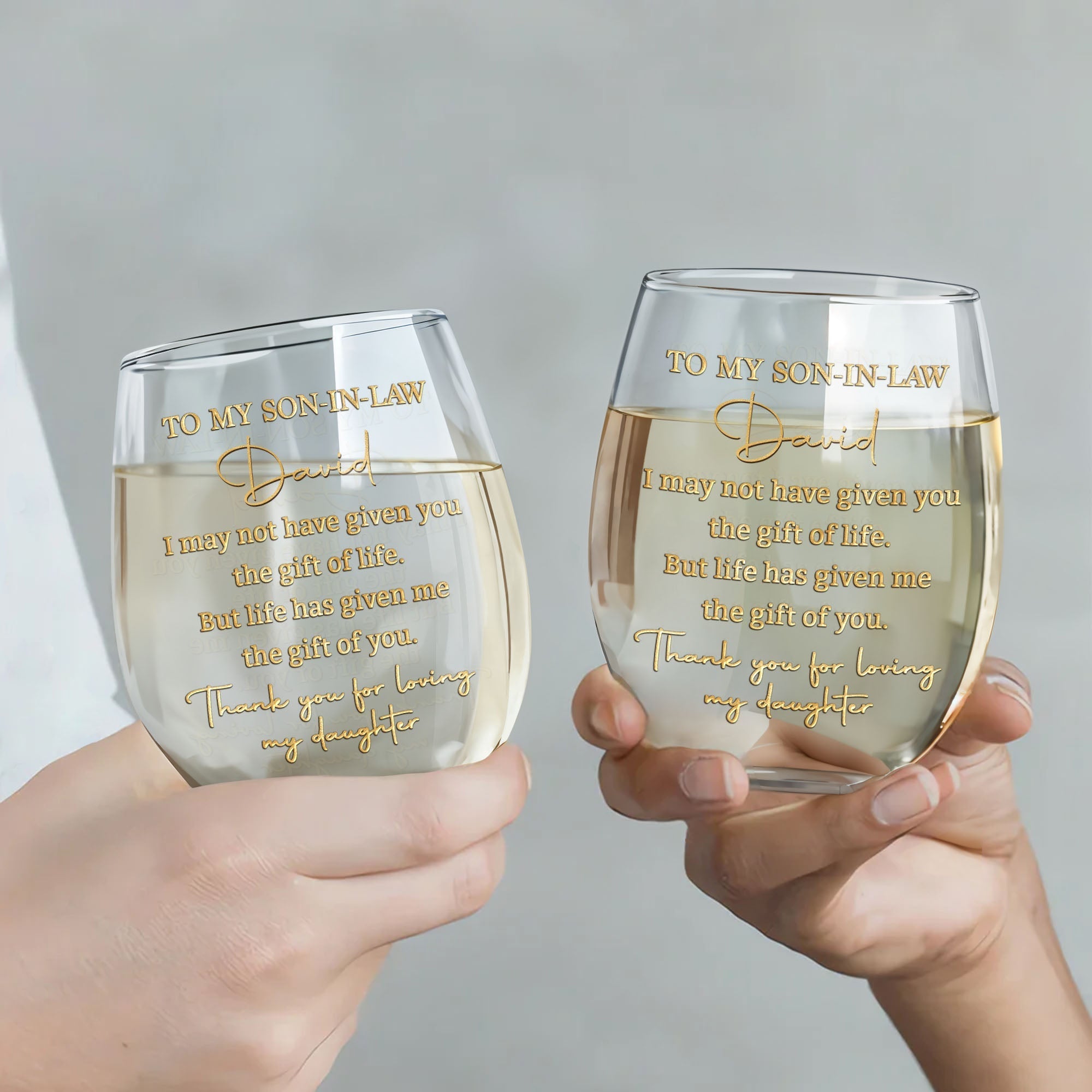 Personalized Stemless Wine Glass Custom Name Gift for Son-in-Law