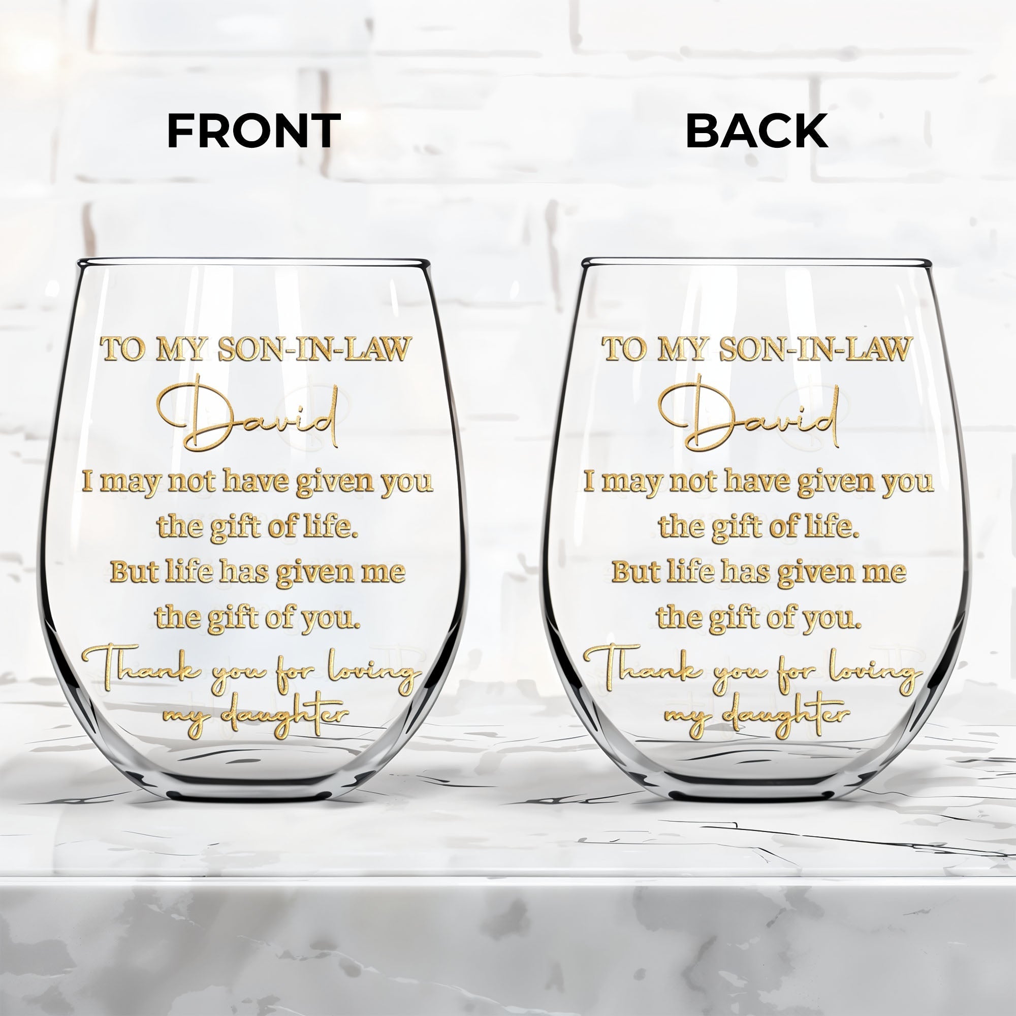 Personalized Stemless Wine Glass Custom Name Gift for Son-in-Law