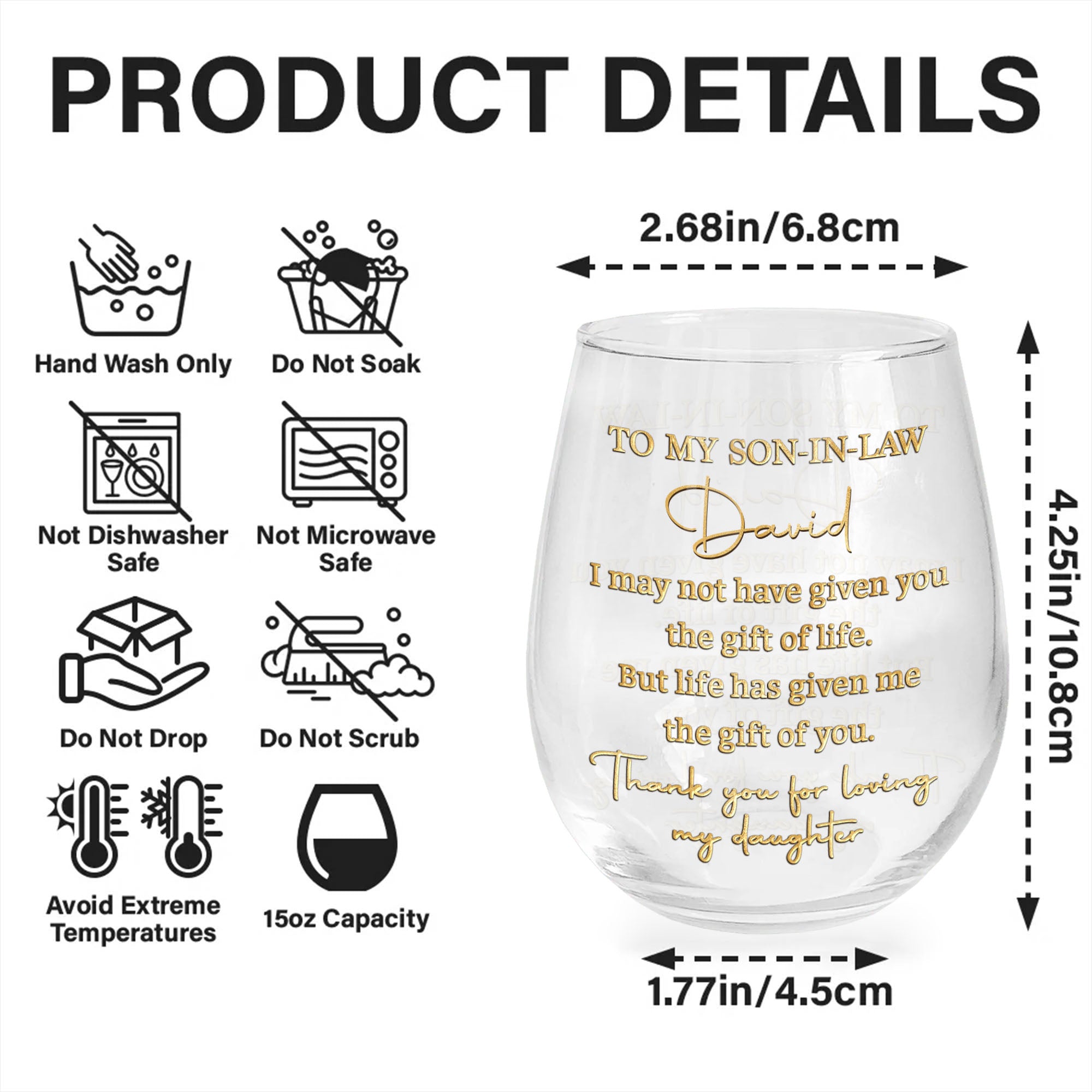 Personalized Stemless Wine Glass Custom Name Gift for Son-in-Law