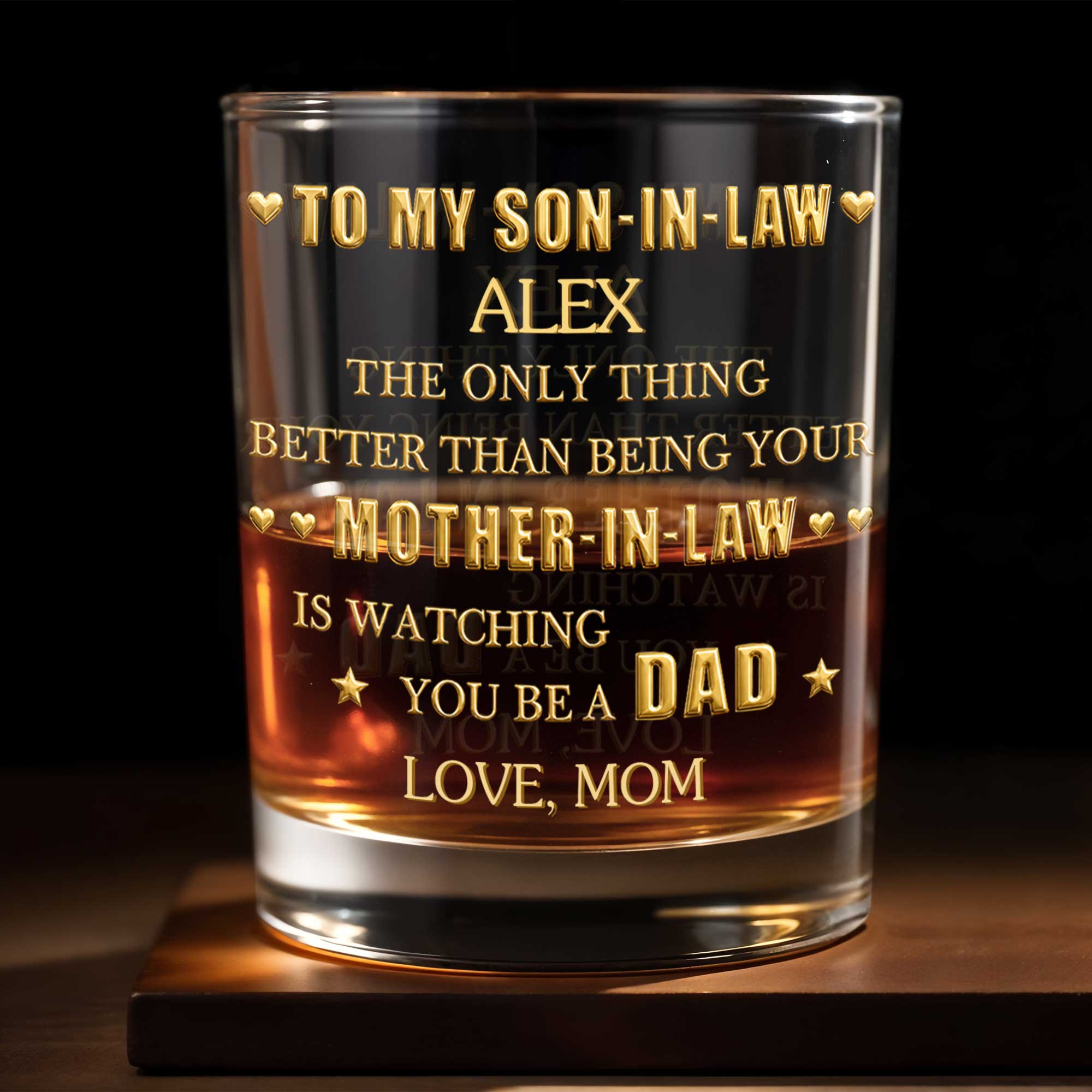 Personalized Custom Whiskey Glass Gift for Son-in-Law - Heart & Stars Design