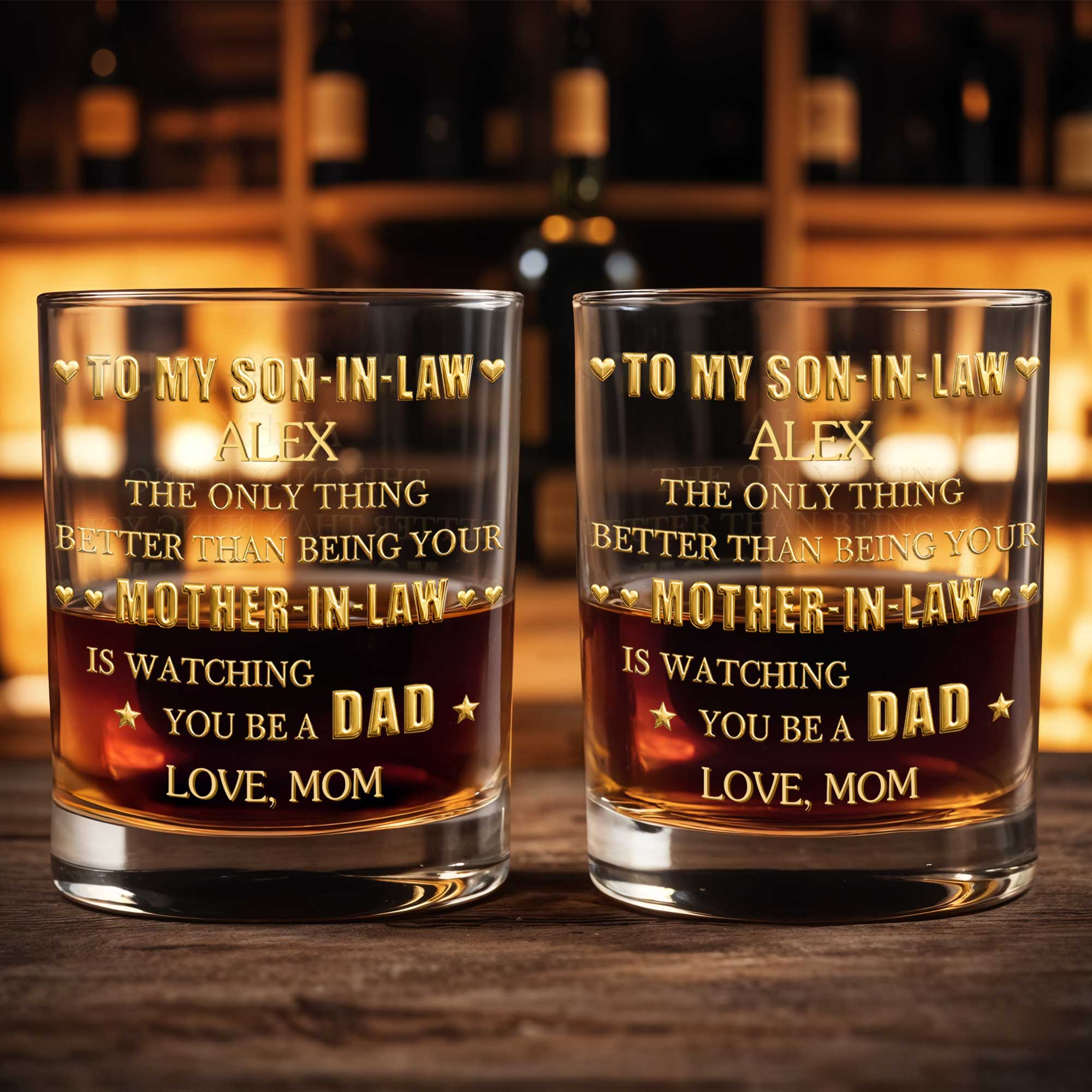 Personalized Custom Whiskey Glass Gift for Son-in-Law - Heart & Stars Design