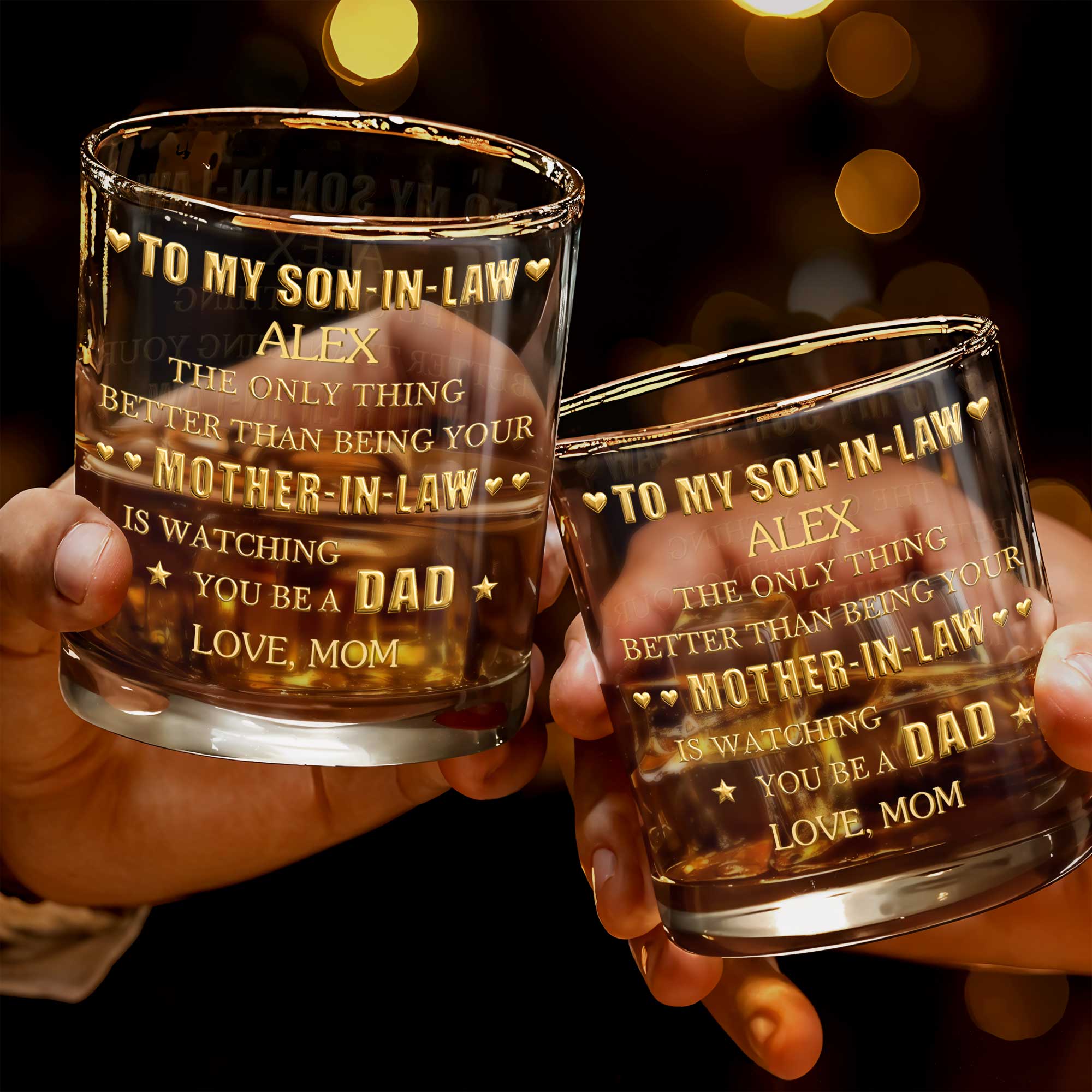 Personalized Custom Whiskey Glass Gift for Son-in-Law - Heart & Stars Design