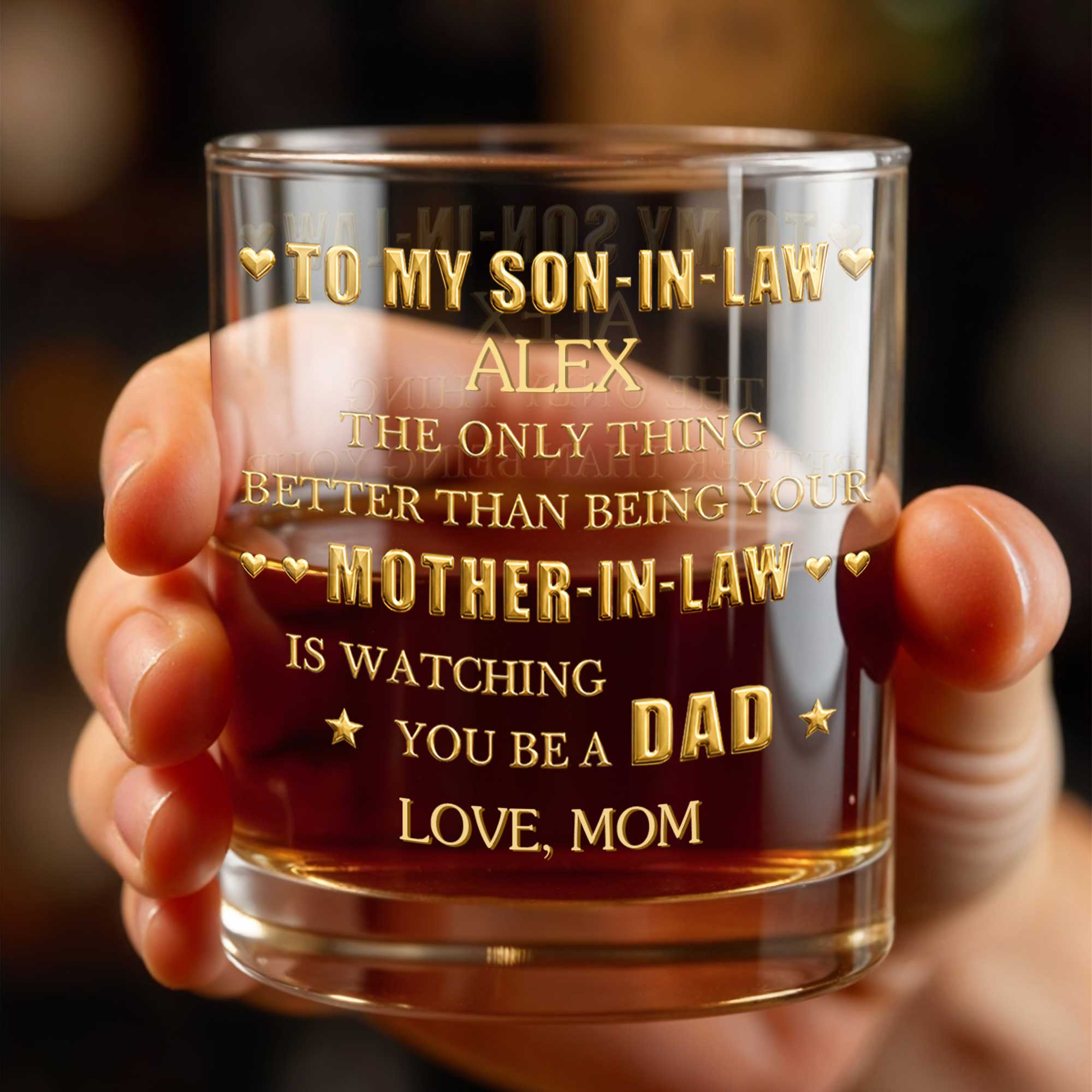 Personalized Custom Whiskey Glass Gift for Son-in-Law - Heart & Stars Design