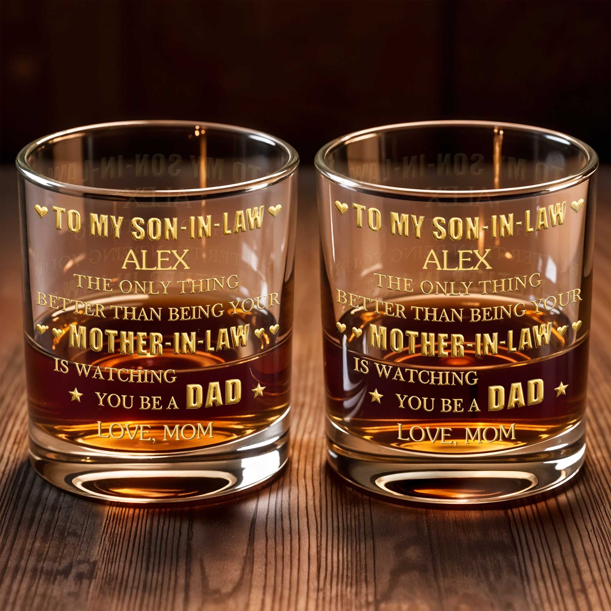 Personalized Custom Whiskey Glass Gift for Son-in-Law - Heart & Stars Design