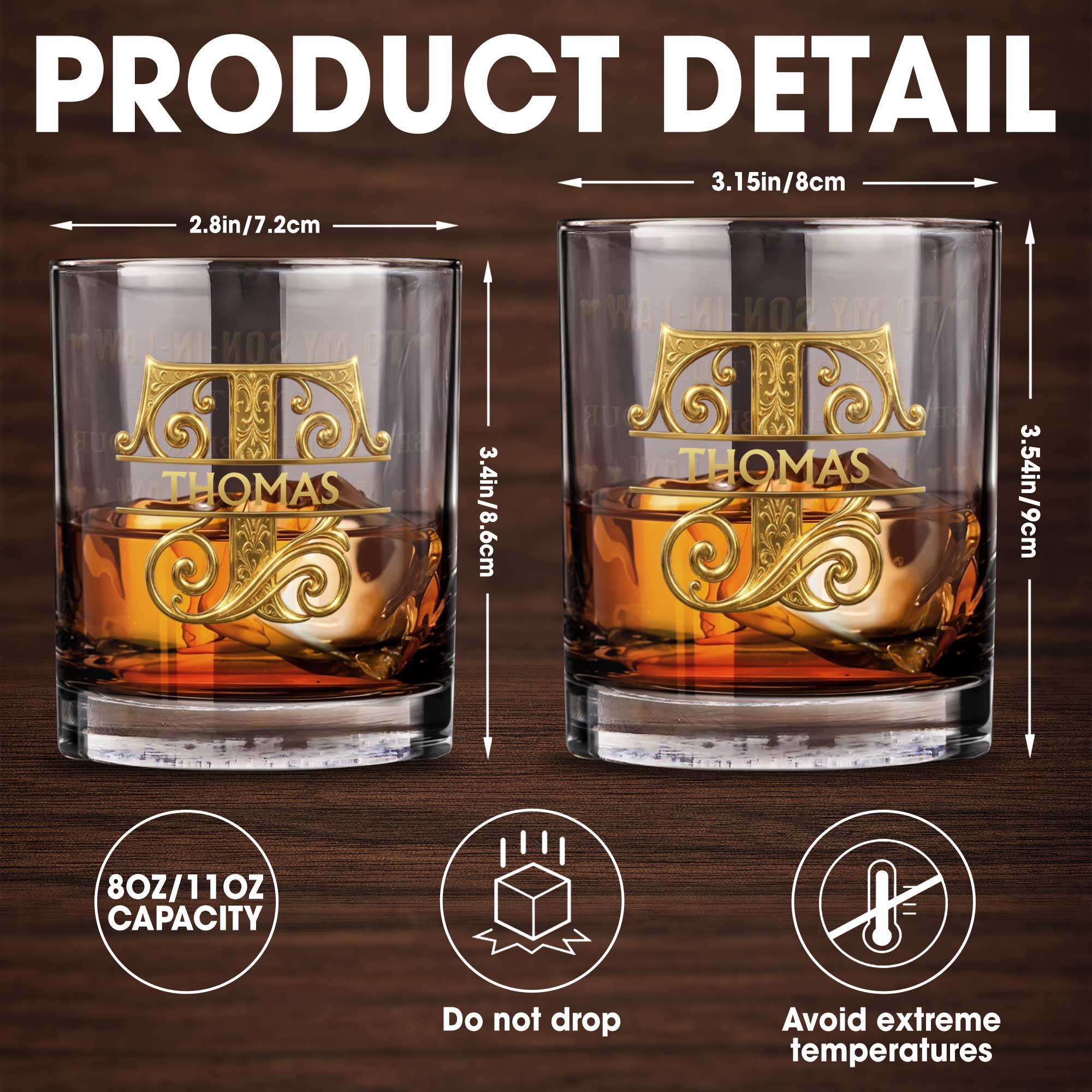 Personalized Custom Whiskey Glass with Filigree Monogram for Son-in-Law