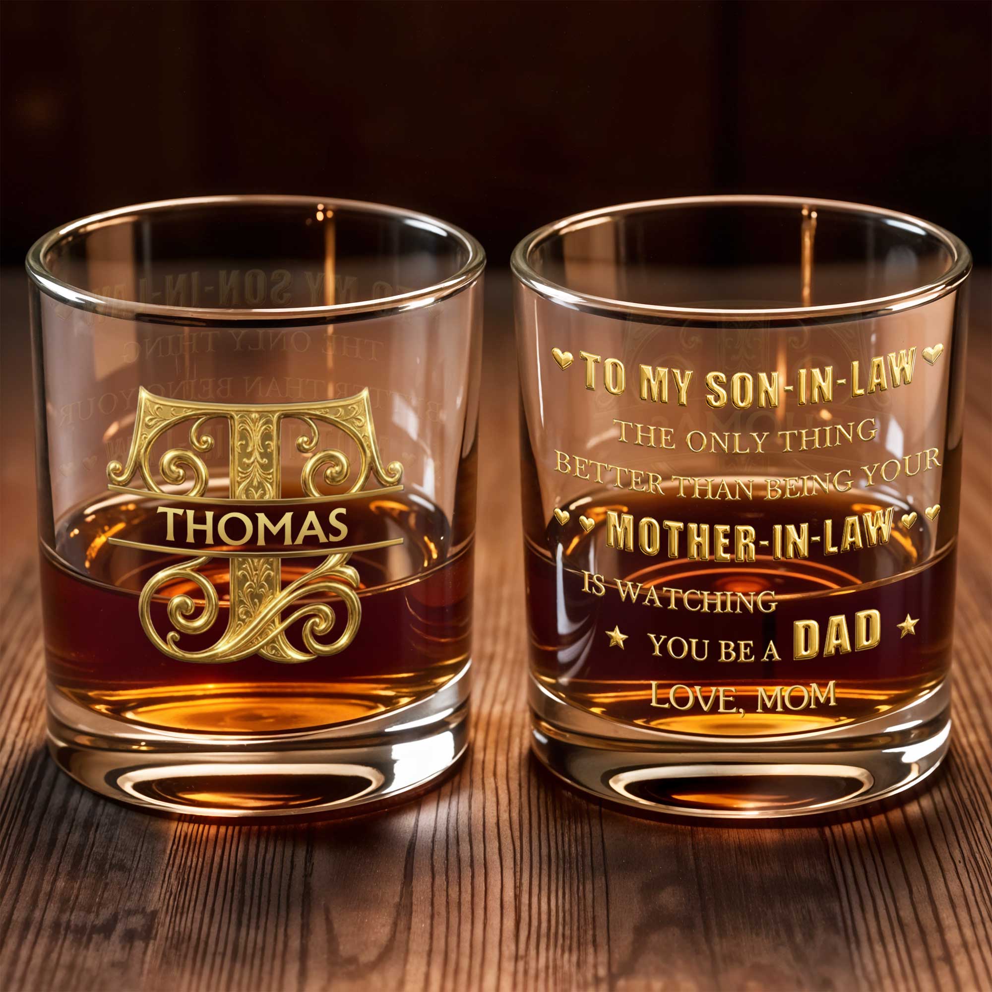 Personalized Custom Whiskey Glass with Filigree Monogram for Son-in-Law