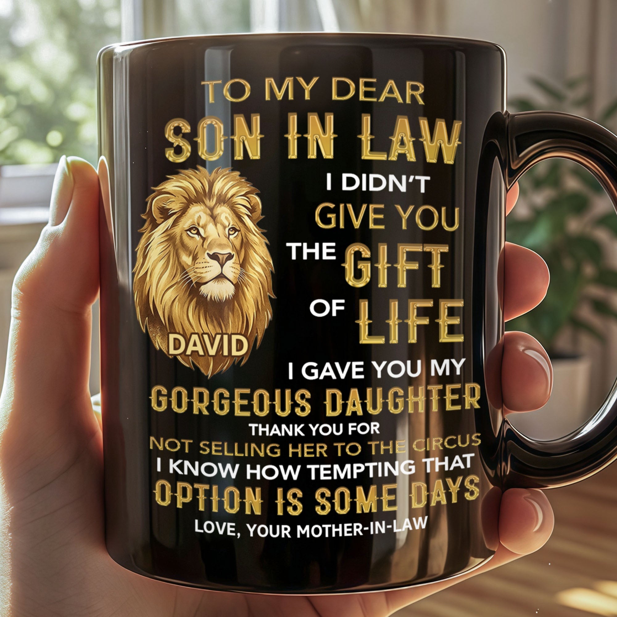 Personalized Black Mug Gift for Son-in-Law Custom Lion Design