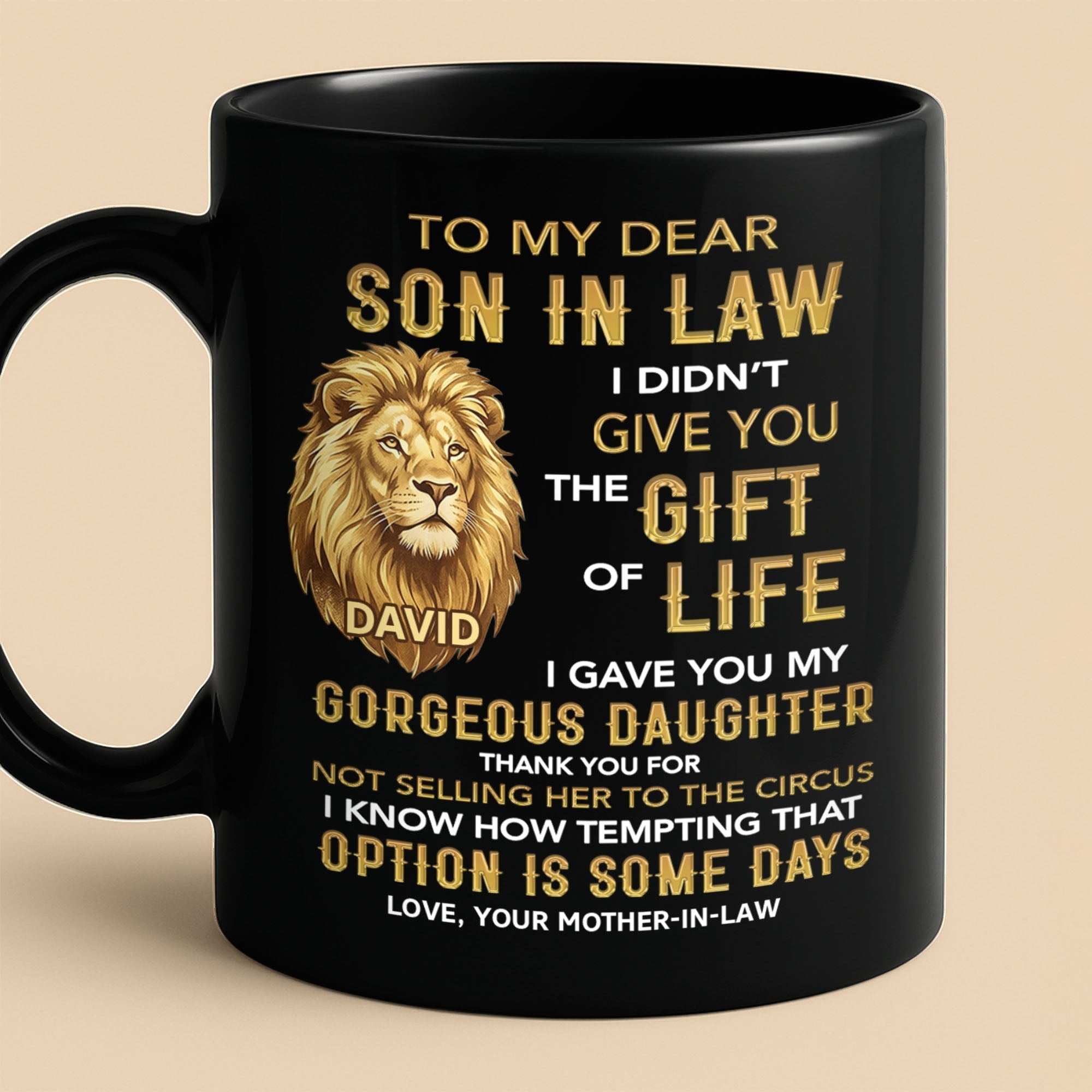 Personalized Black Mug Gift for Son-in-Law Custom Lion Design