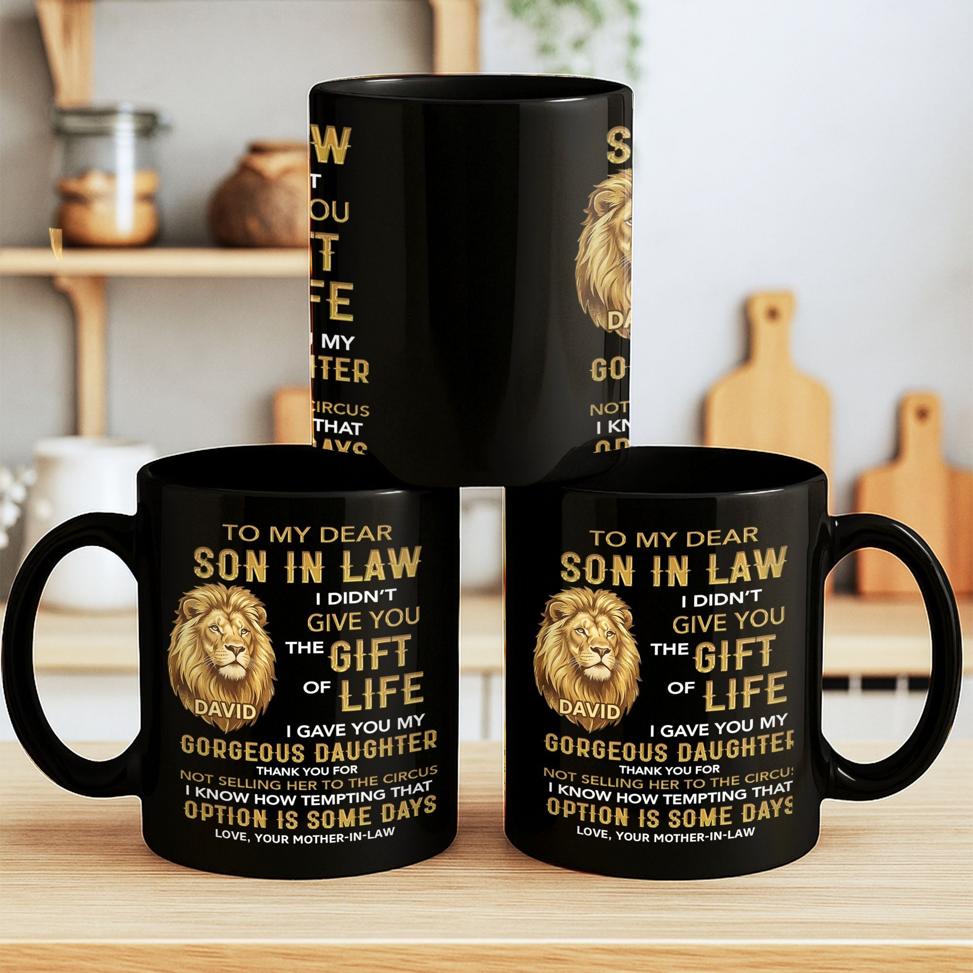Personalized Black Mug Gift for Son-in-Law Custom Lion Design
