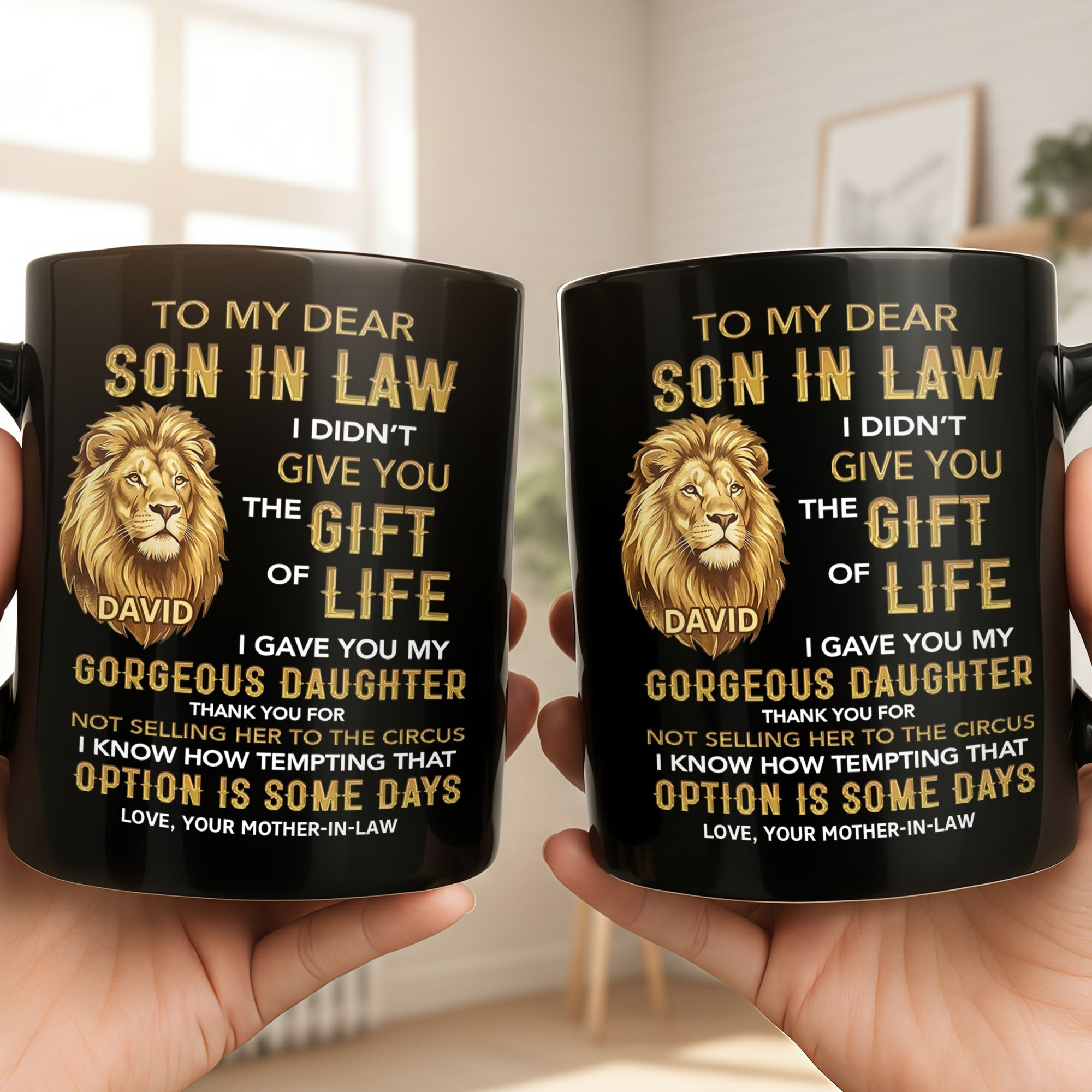 Personalized Black Mug Gift for Son-in-Law Custom Lion Design