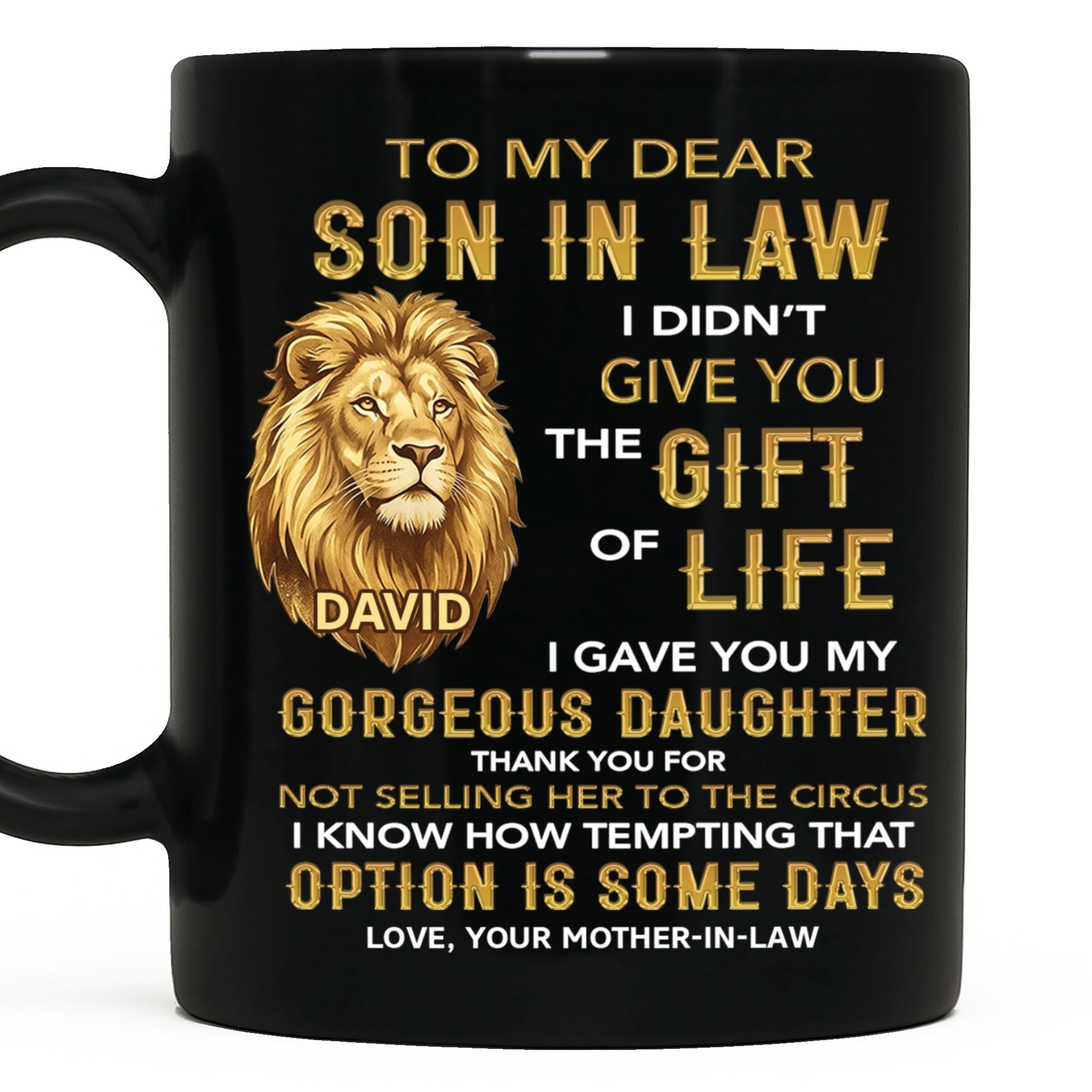 Personalized Black Mug Gift for Son-in-Law Custom Lion Design