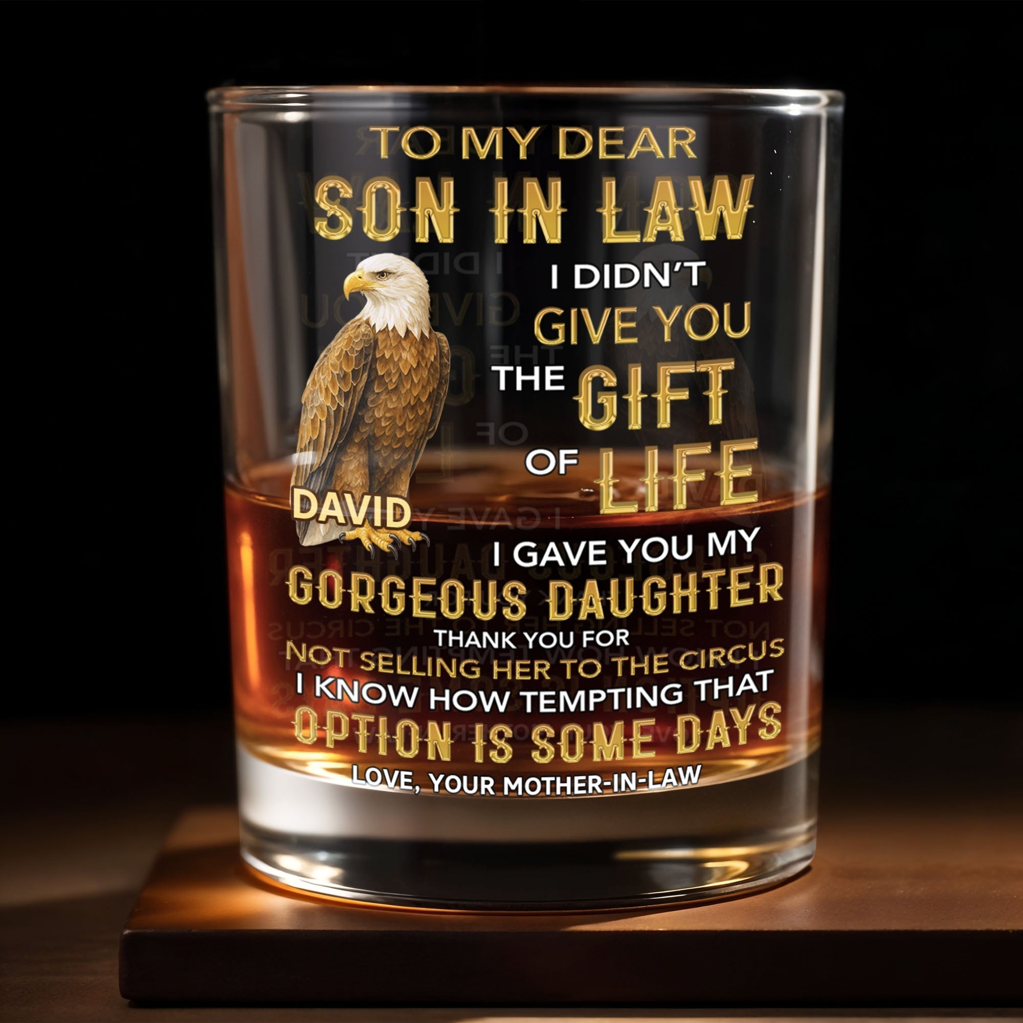 Personalized Custom Whiskey Glass Gift for Son-in-Law Eagle Design