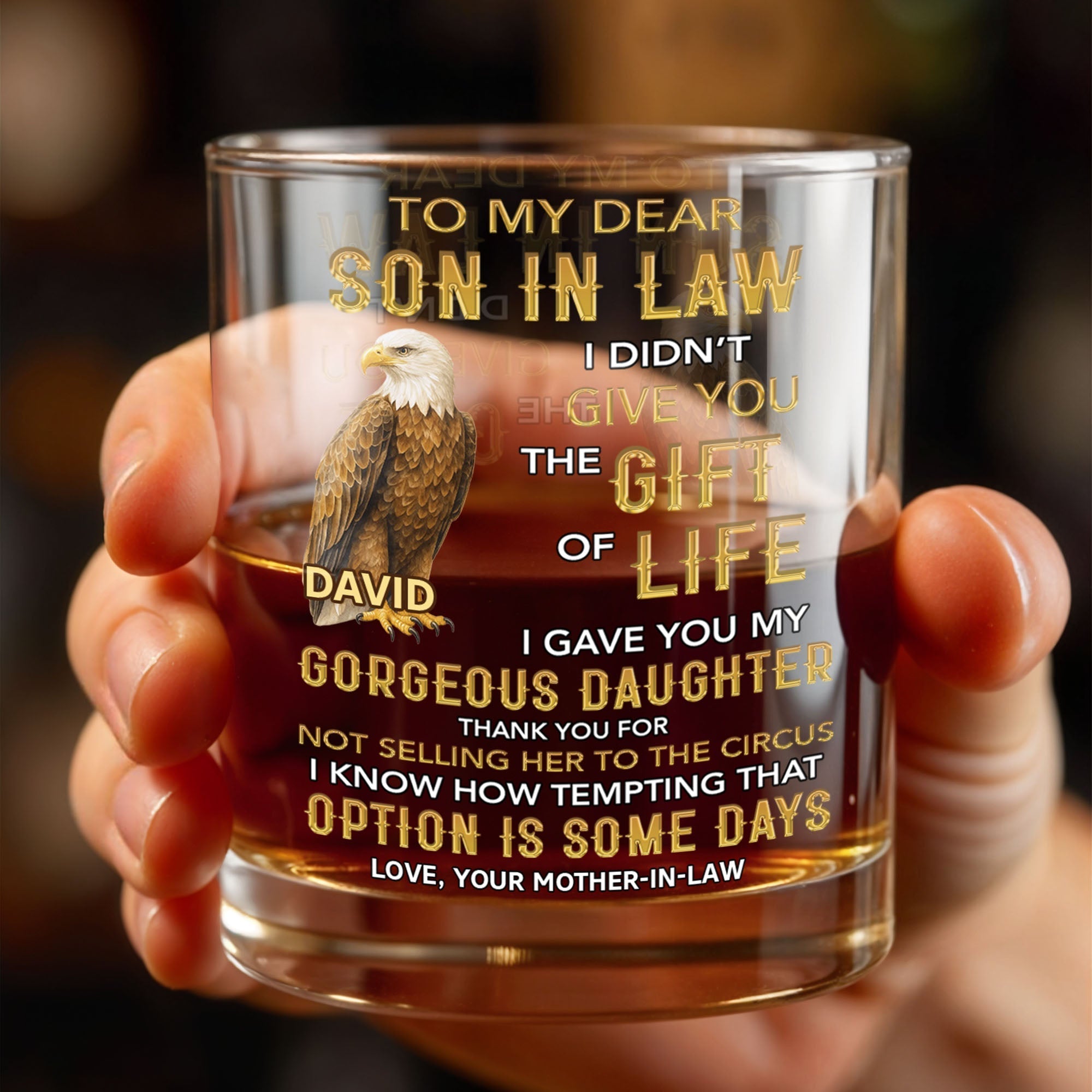 Personalized Custom Whiskey Glass Gift for Son-in-Law Eagle Design