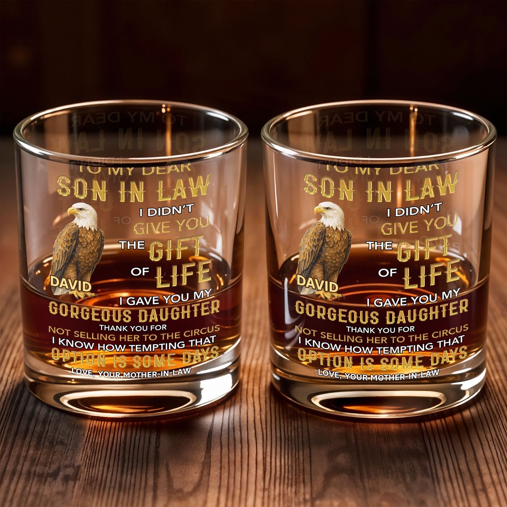 Personalized Custom Whiskey Glass Gift for Son-in-Law Eagle Design