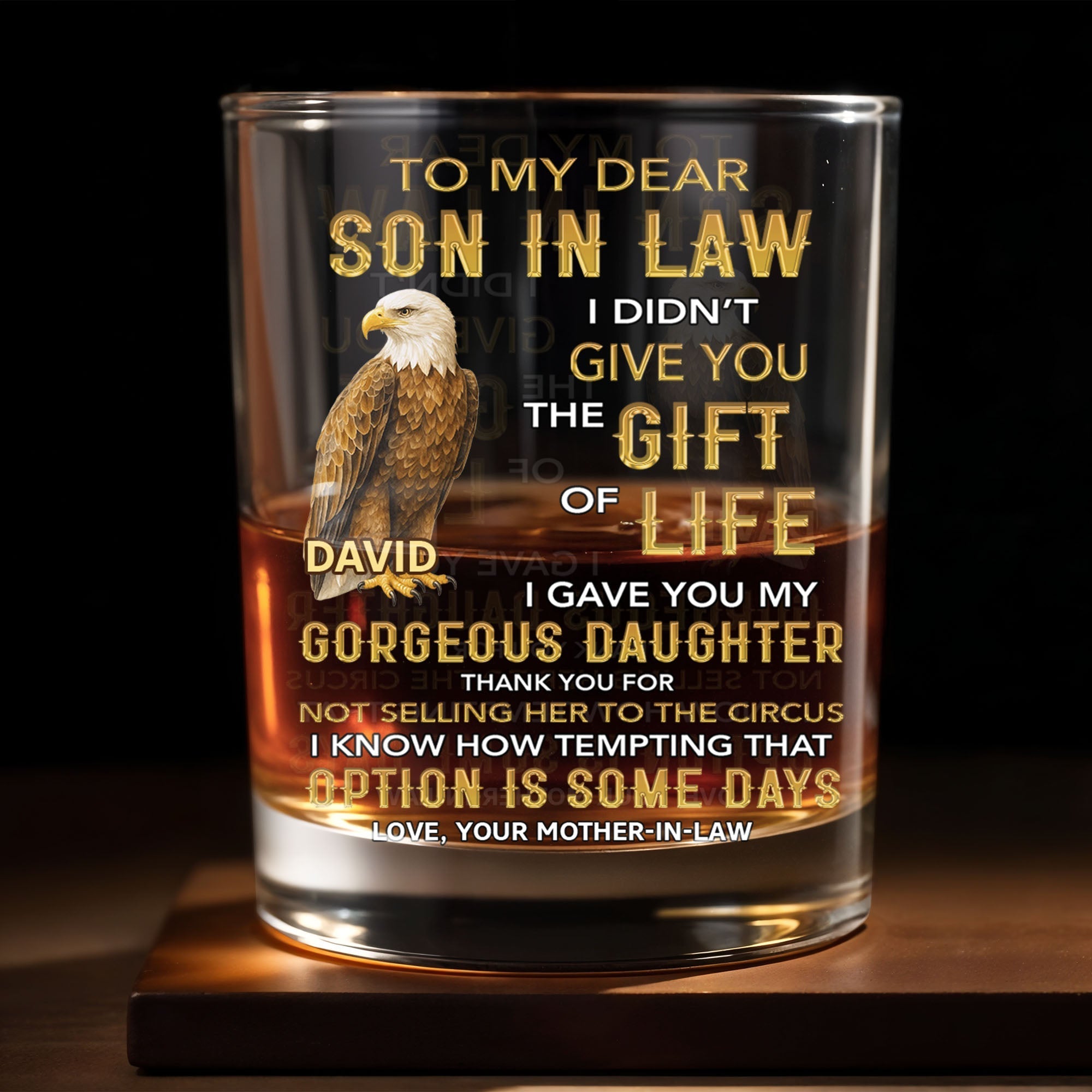 Personalized Custom Whiskey Glass Gift for Son-in-Law Eagle Design