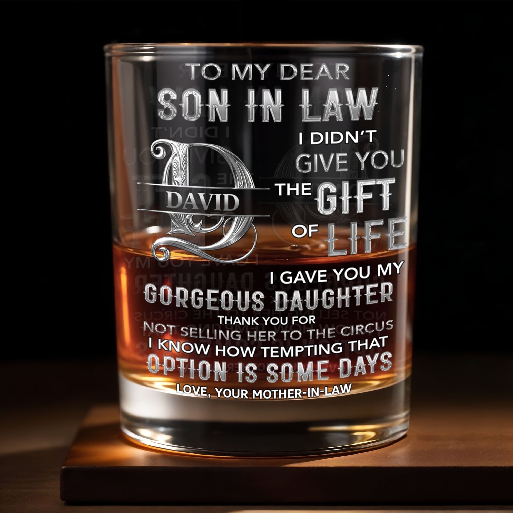 Personalized Custom Whiskey Glass Monogram Gift for Son-in-Law