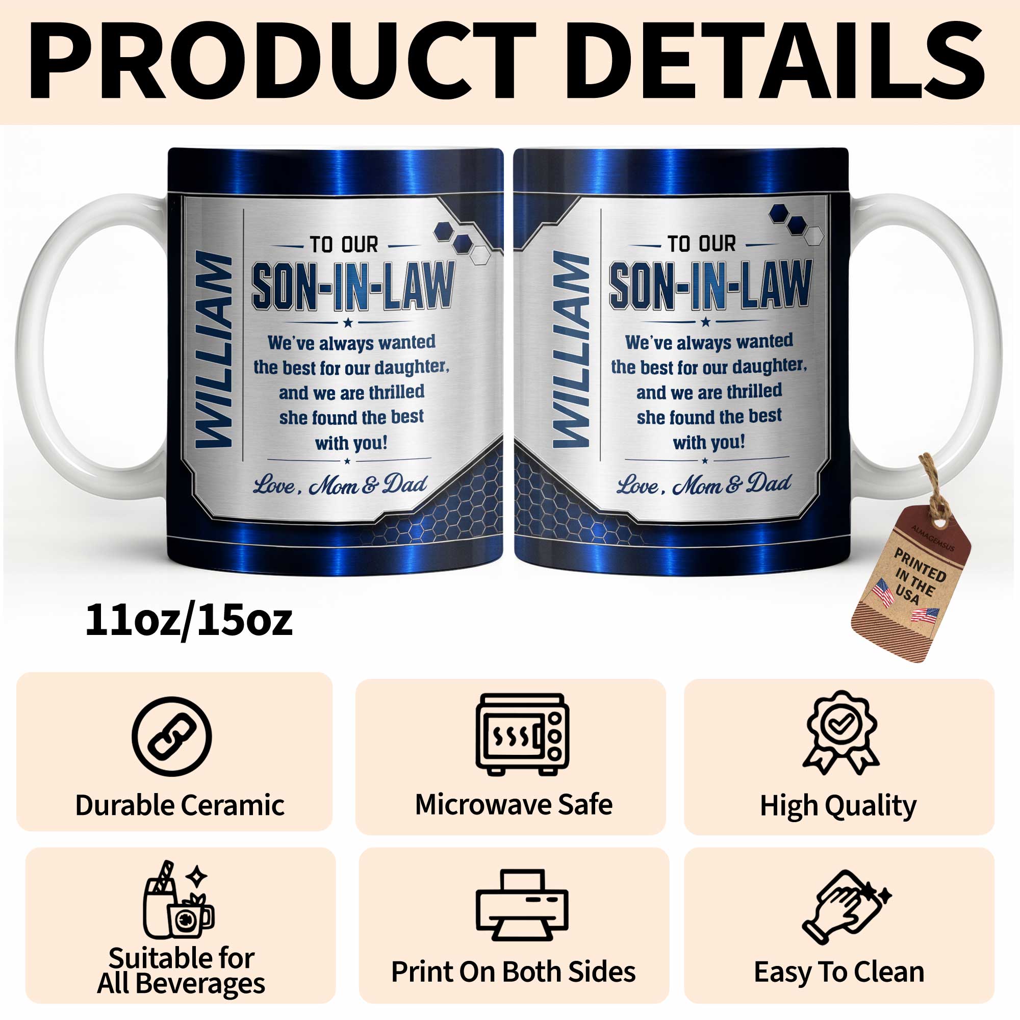 Personalized Custom Coffee Mug Gift for Son-in-Law Metallic Design
