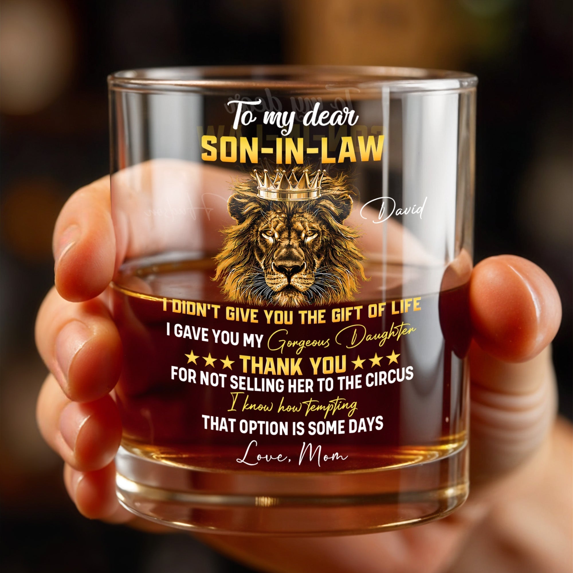 Personalized Crown Whiskey Glass Custom Name Gift for Son-in-Law