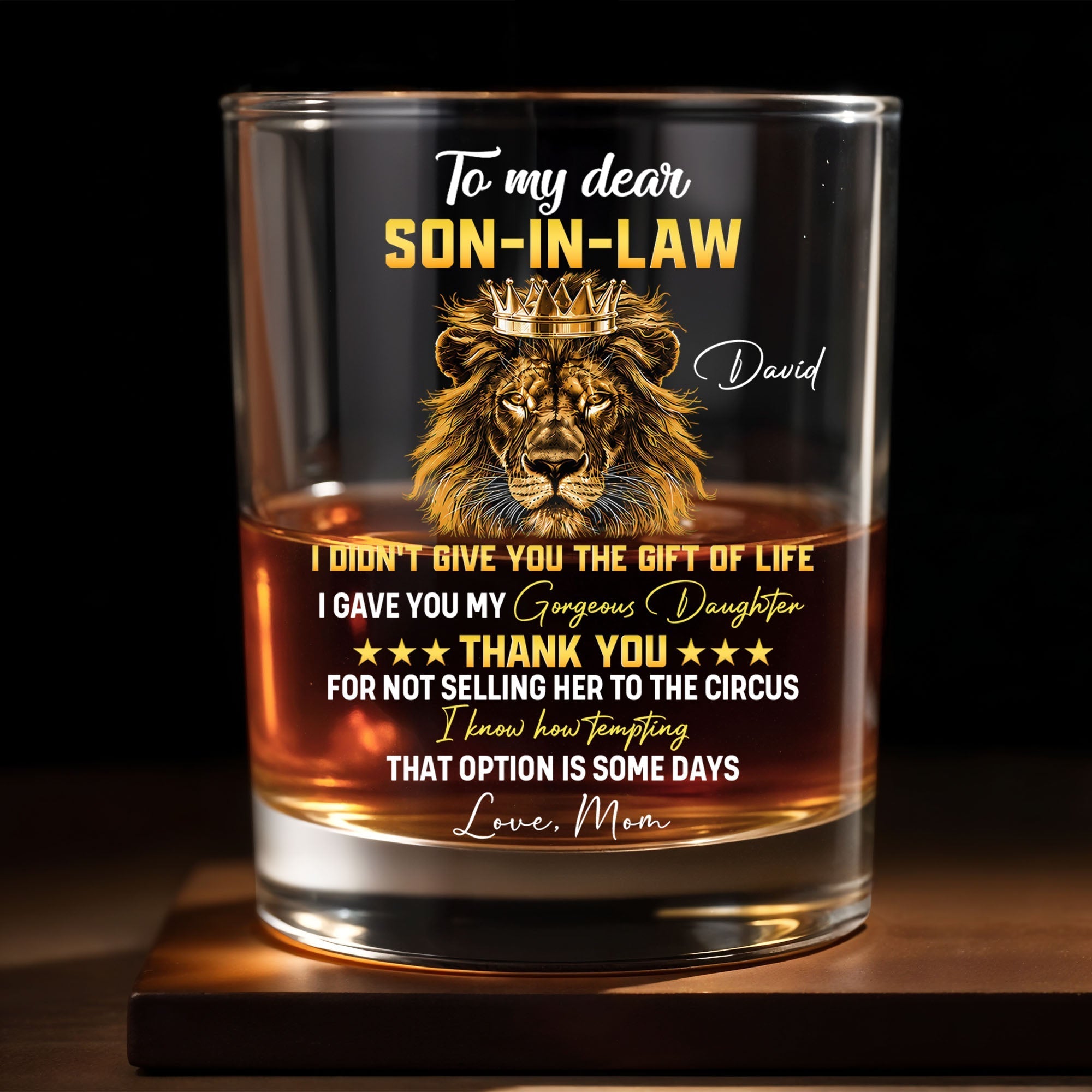 Personalized Crown Whiskey Glass Custom Name Gift for Son-in-Law