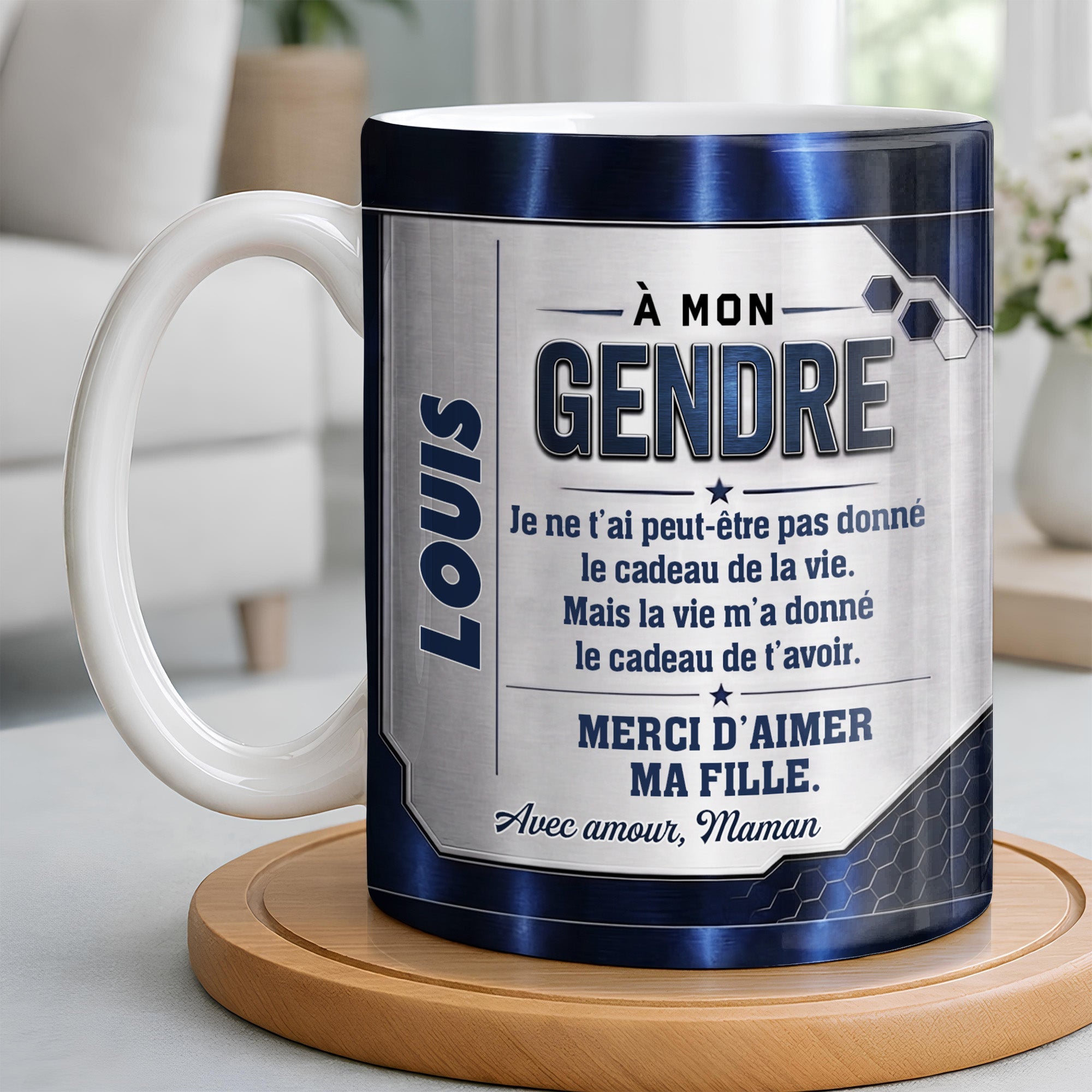Personalized Blue Metal Texture Coffee Mug Gift for Son-in-Law
