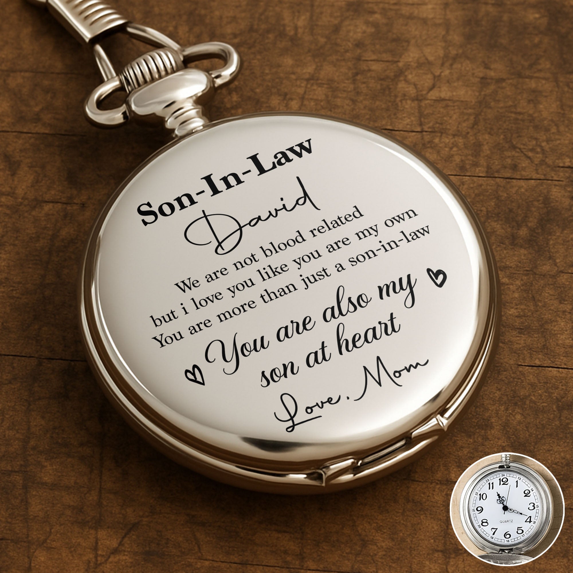 Personalized Silver Pocket Watch Custom Engraved Gift for Son-in-Law