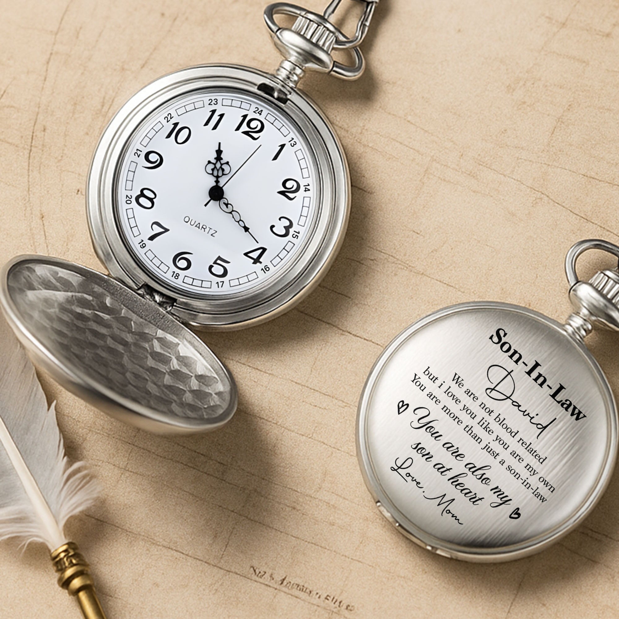 Personalized Silver Pocket Watch Custom Engraved Gift for Son-in-Law