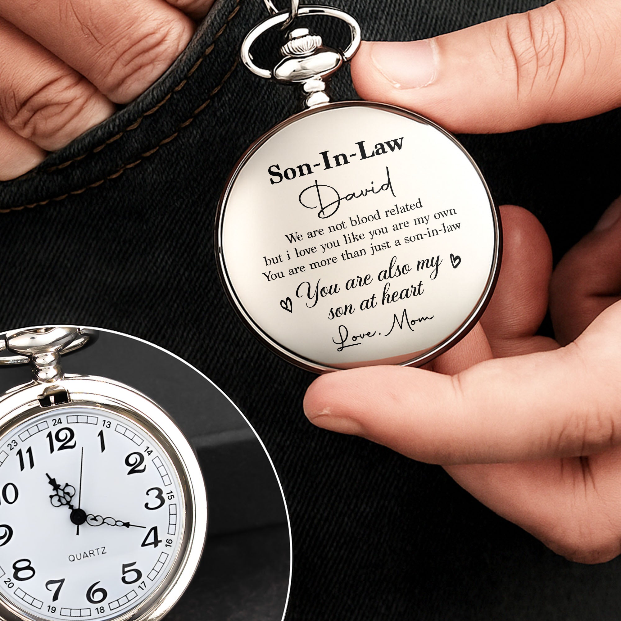 Personalized Silver Pocket Watch Custom Engraved Gift for Son-in-Law