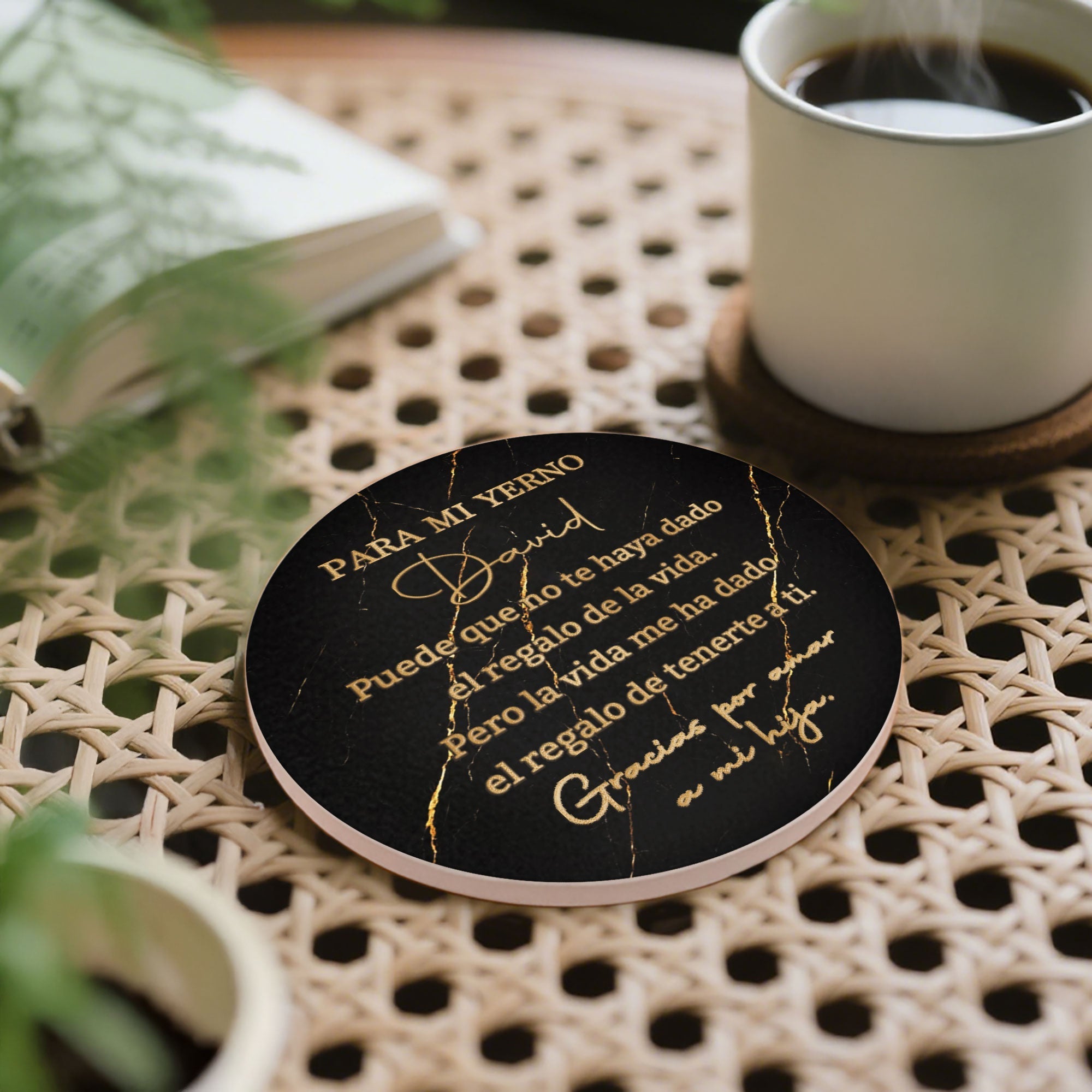 Personalized Black Marble Gold Ceramic Coaster Gift for Son-in-Law