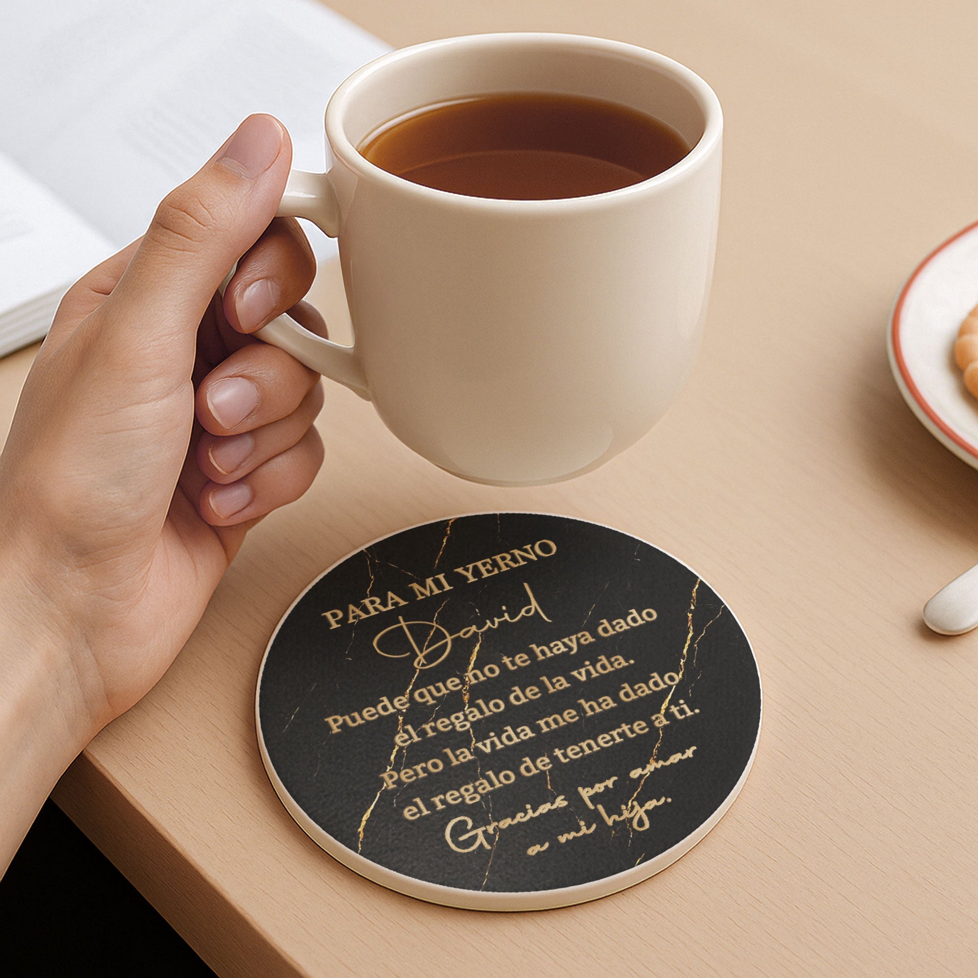 Personalized Black Marble Gold Ceramic Coaster Gift for Son-in-Law