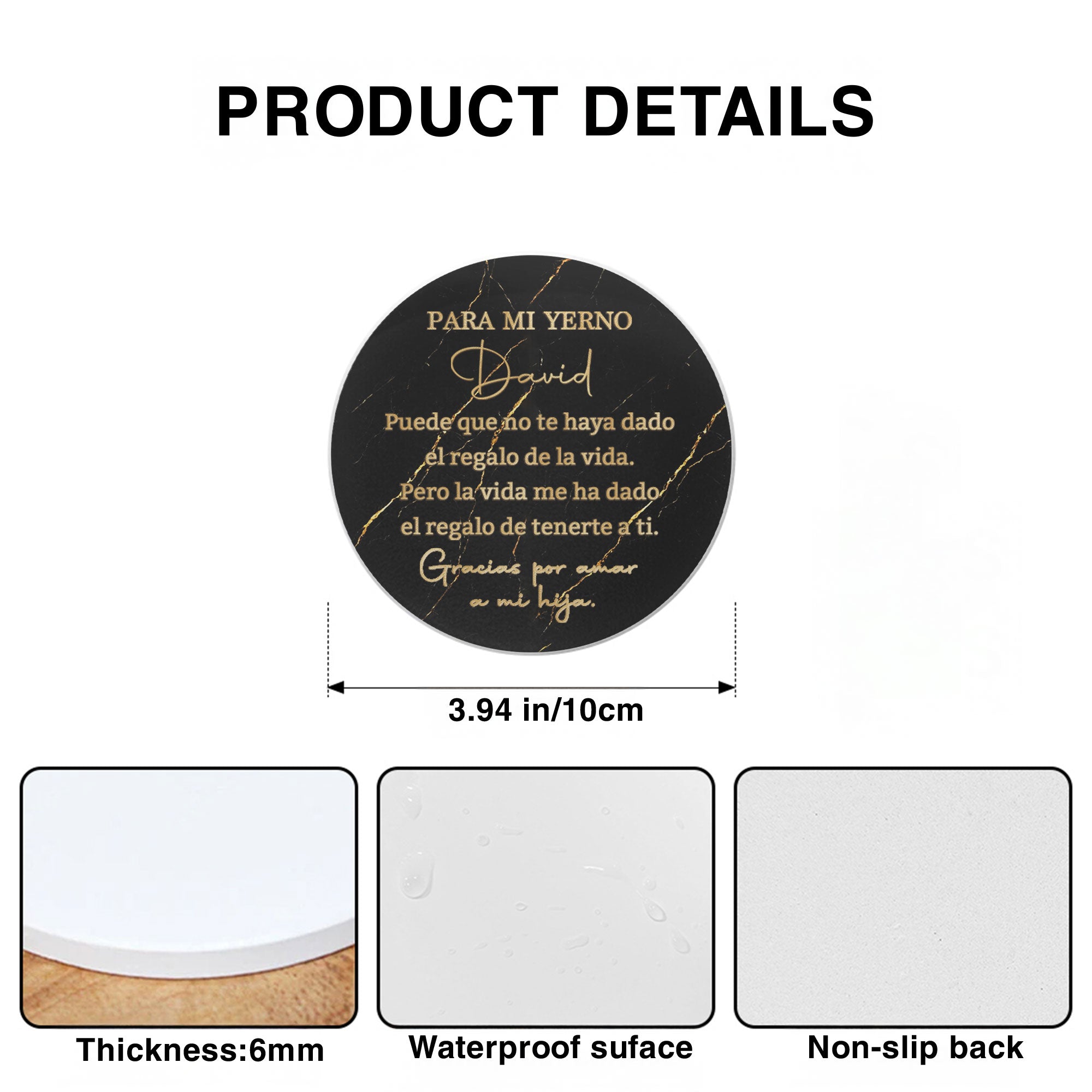 Personalized Black Marble Gold Ceramic Coaster Gift for Son-in-Law