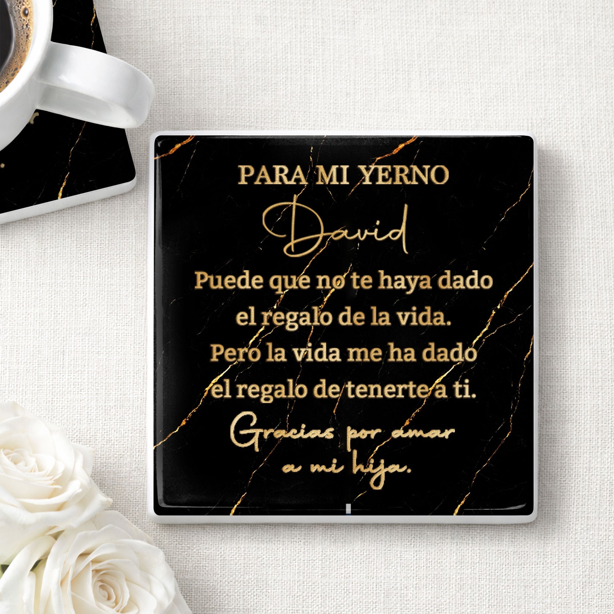 Personalized Black Marble Gold Veins Coaster Gift for Son-in-Law