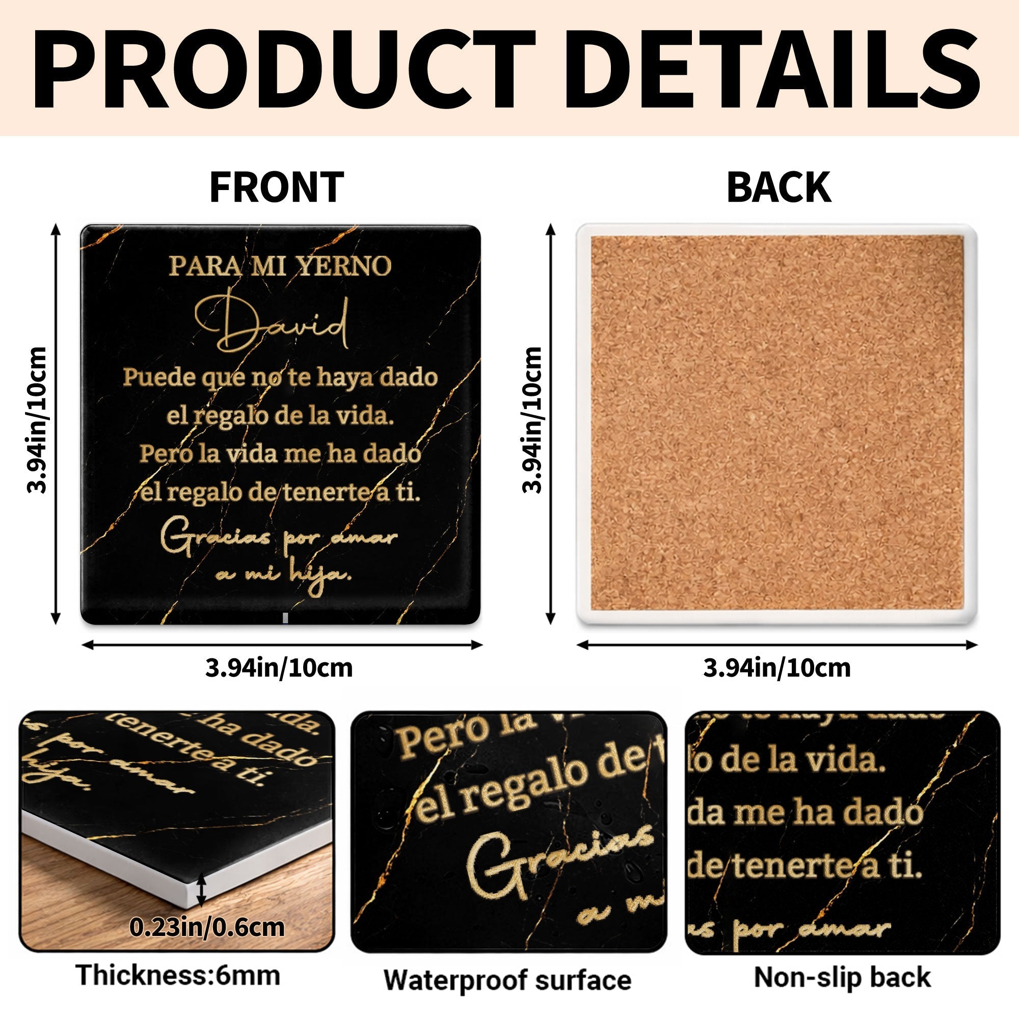 Personalized Black Marble Gold Veins Coaster Gift for Son-in-Law