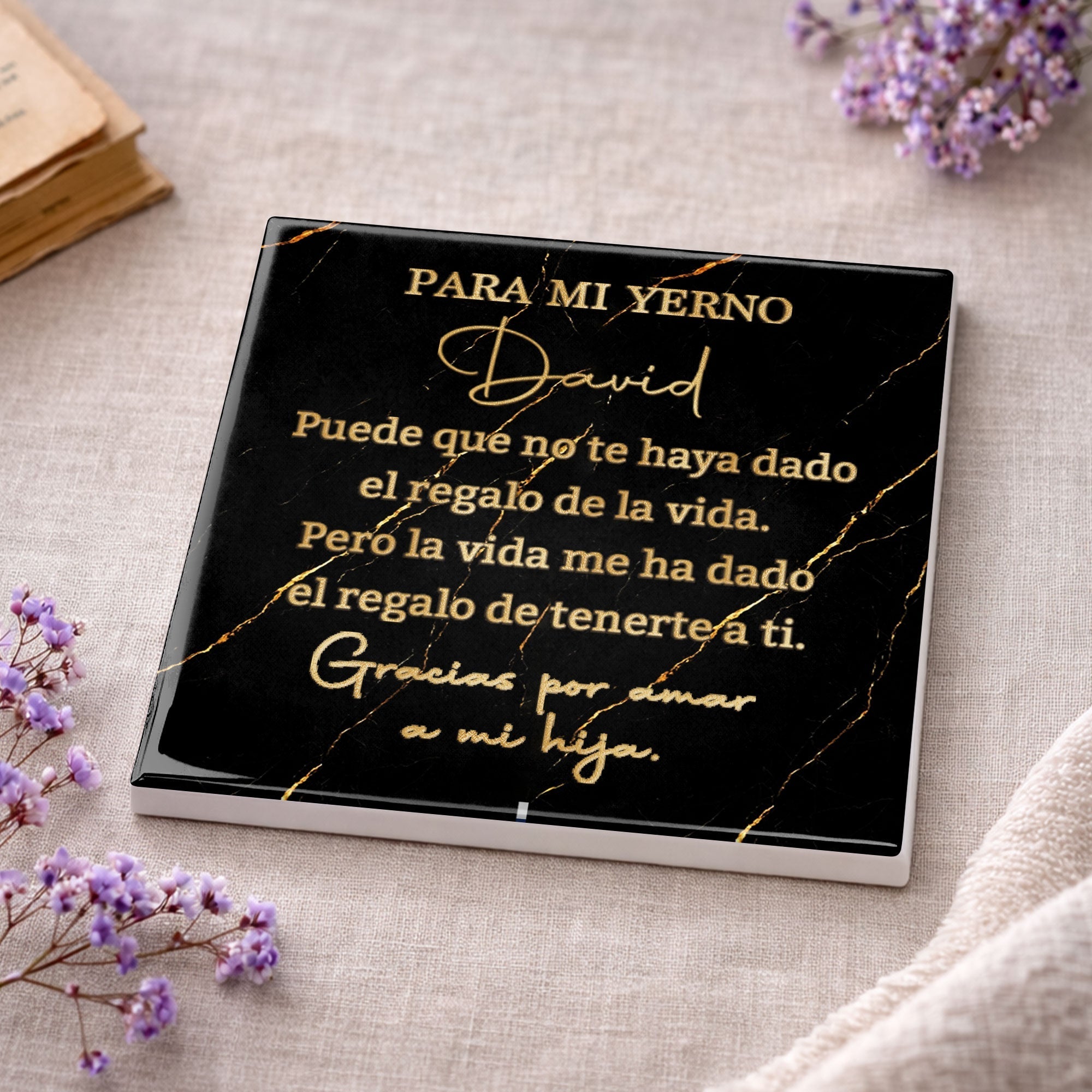 Personalized Black Marble Gold Veins Coaster Gift for Son-in-Law