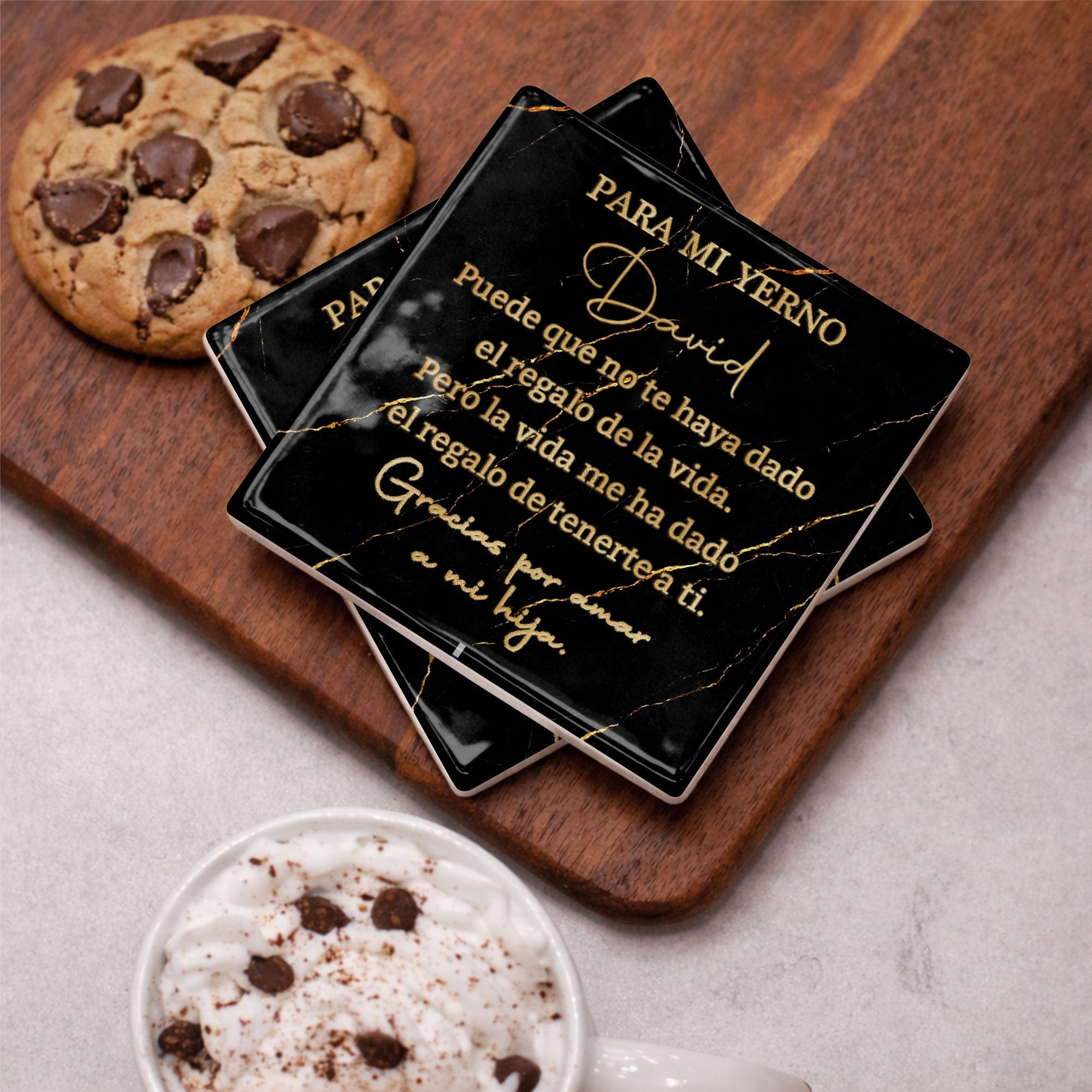 Personalized Black Marble Gold Veins Coaster Gift for Son-in-Law